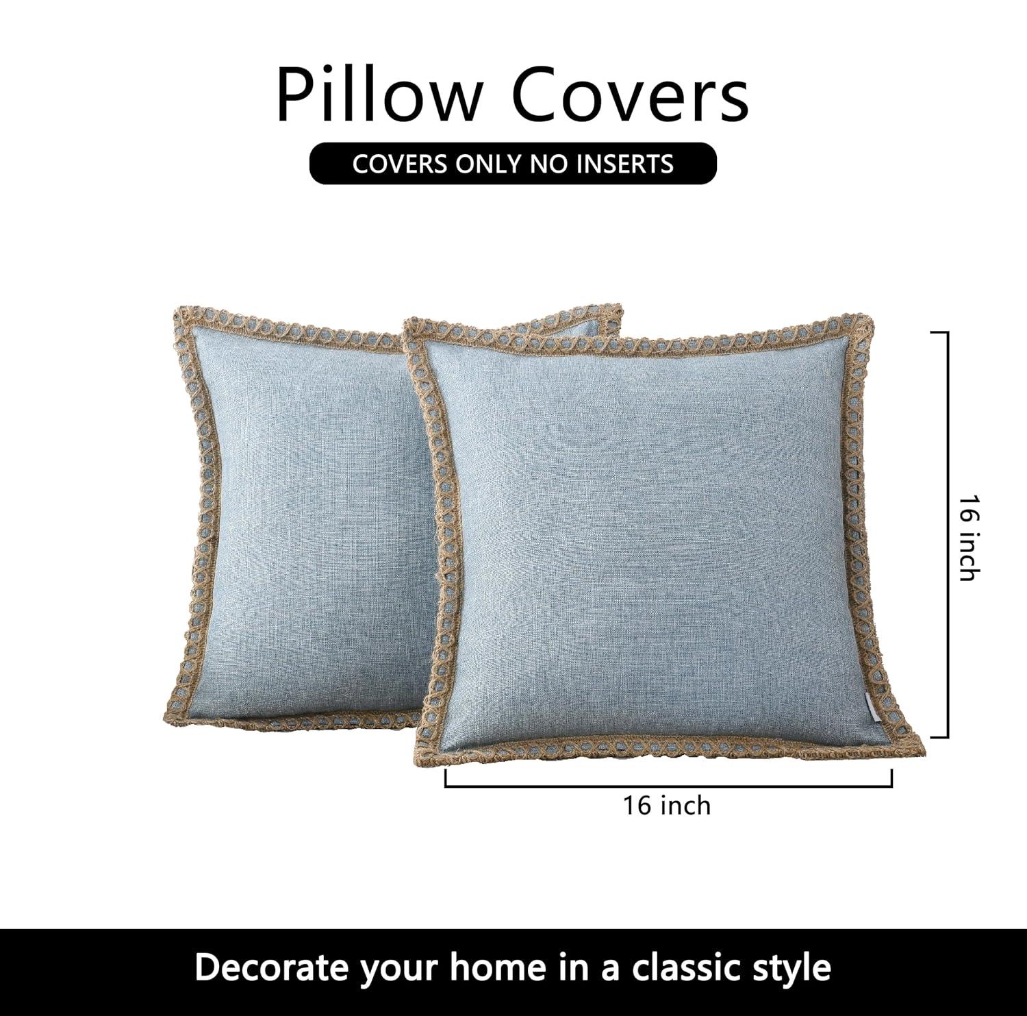 NordECO HOME Set of 2 Farmhouse Throw Pillow Covers - Burlap Linen Trimmed Tailored Edges Decorative Cushion Covers for Bed Home Decoration, 16 x 16, Blue
