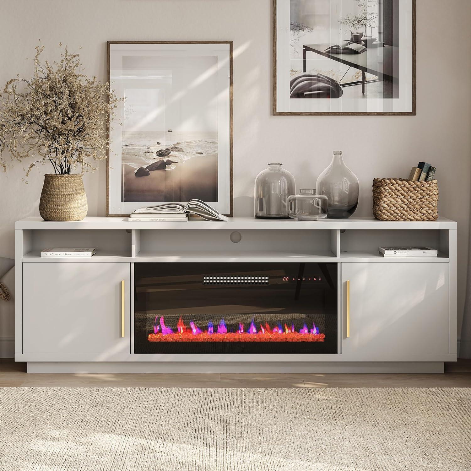 Ivy Bronx Modern 79" Fireplace TV Stand for TVs Up to 85" with Cat Litter Box,LED Light Entertainment Center With 36" Electric Fireplace and Graphene Heating