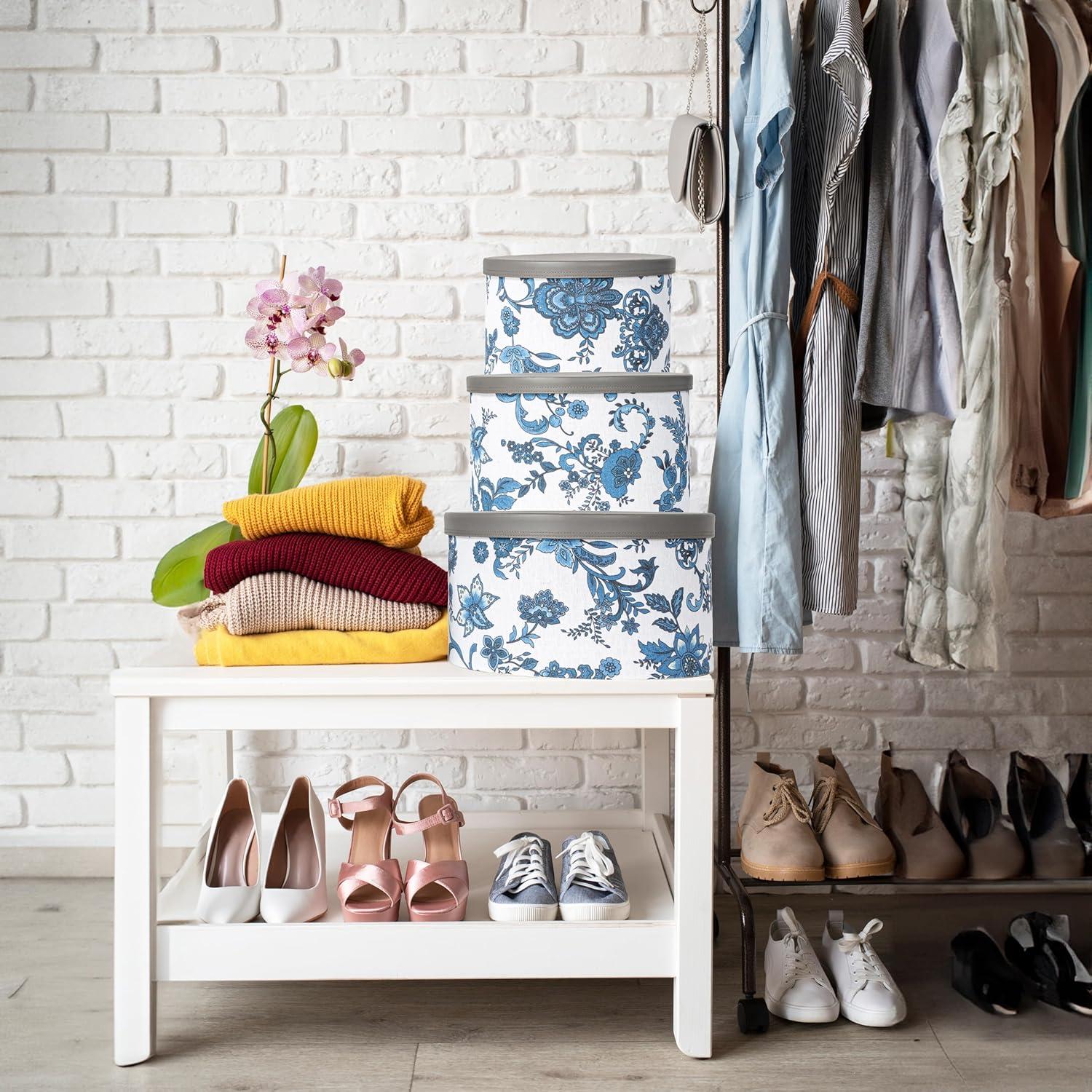 Floral Nestable Hat Boxes with Faux Leather Lids, Cream and Blue, Set of 3