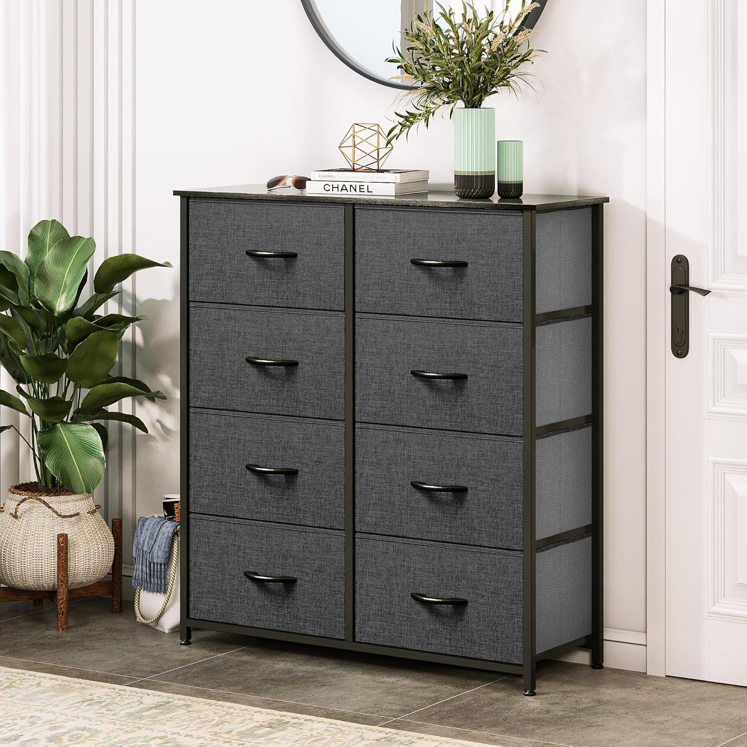 EDX 5 Drawer Dresser, Wide Chest of Drawers Nightstand Storage Tower Storage Fabric Dresser with Wood Top for Living Room, Bedroom, Hallway,Black