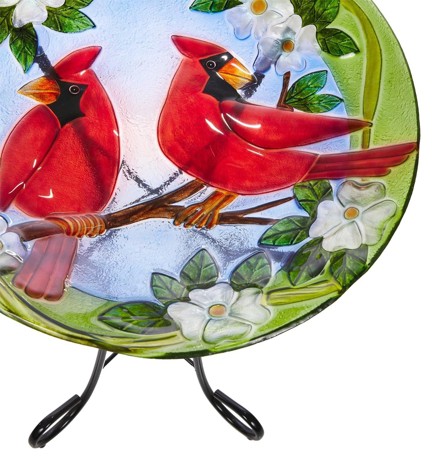 18" Glass Birdbath and Cardinal Bird Red - Alpine Corporation: Weather-Resistant, Freestanding Outdoor Decor