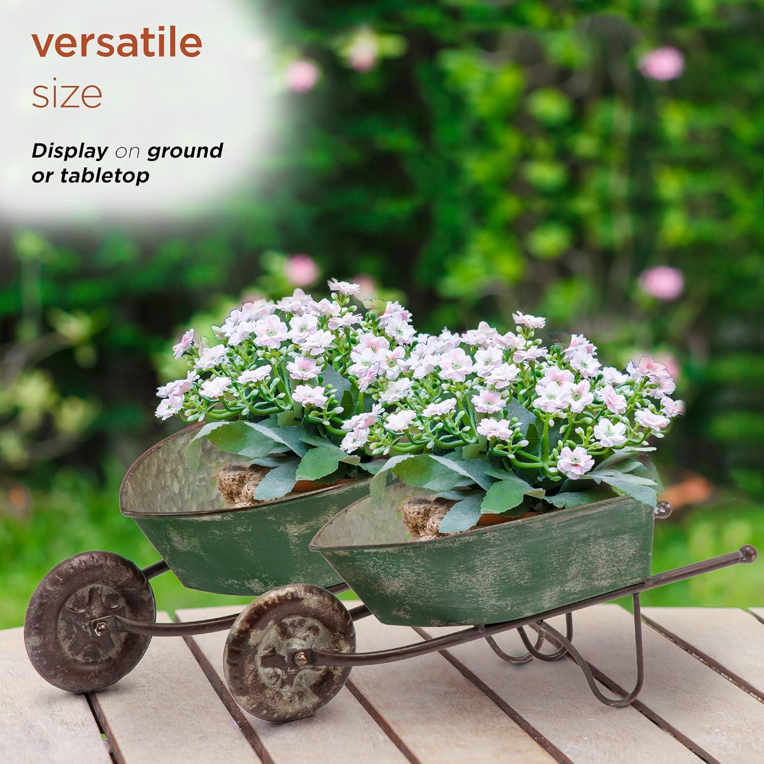 2pk Rustic Iron Wheelbarrow Garden Novelty Planter Green - Alpine Corporation