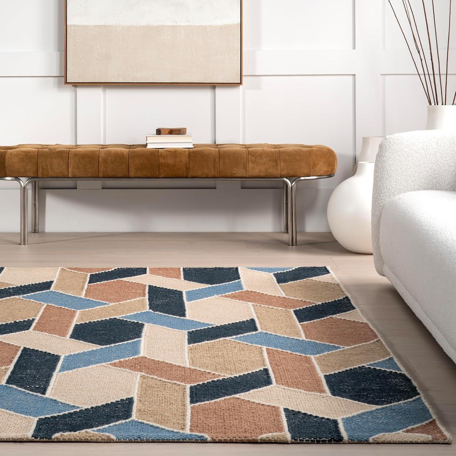 Nuloom Rhea Geometric 5x8 Wool Jute Indoor Area Rug for Dining Room Rug Neutral Rug Living Room Rug Kitchen, Blue