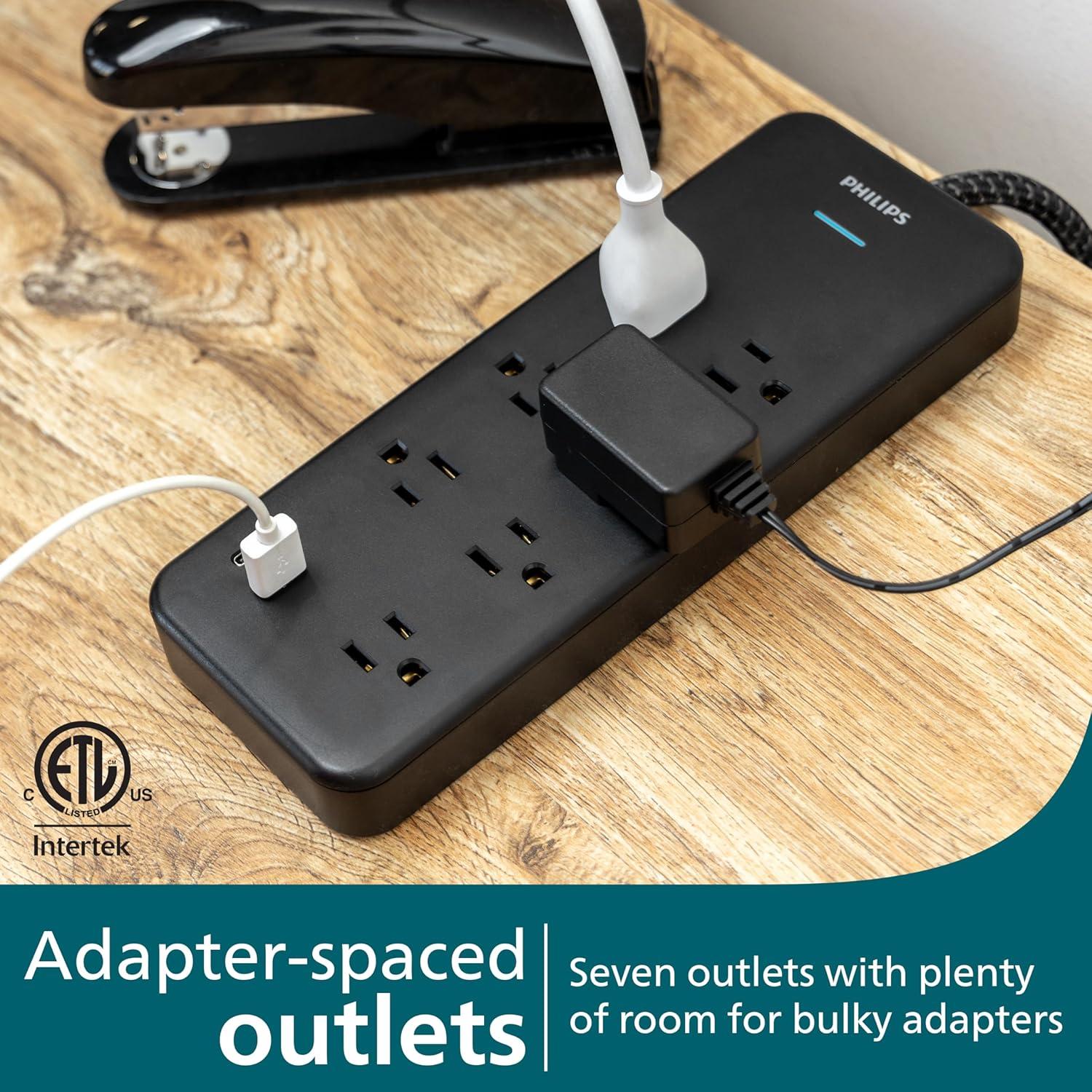 Philips 6-ft 7-Outlet Surge Protector, 7 Outlet, 1 USB-A, 1 USB-C, 15W, 1500J, Braided Cord, Black
