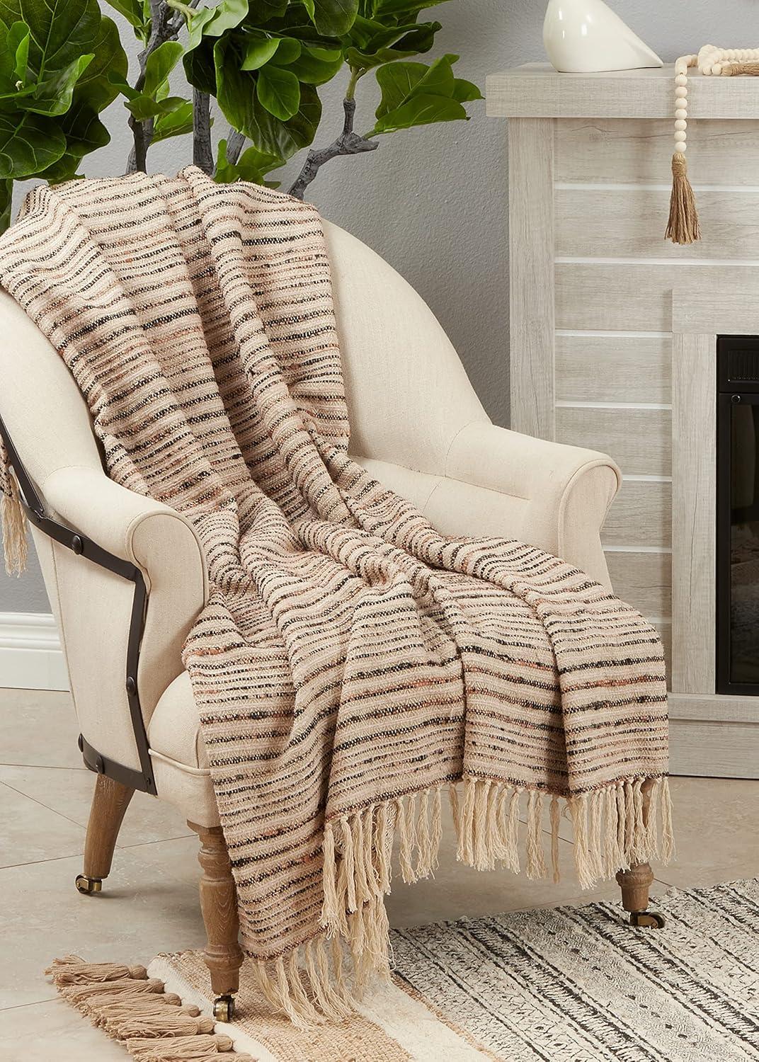 Beige and Natural Striped Cotton Rayon Throw Blanket