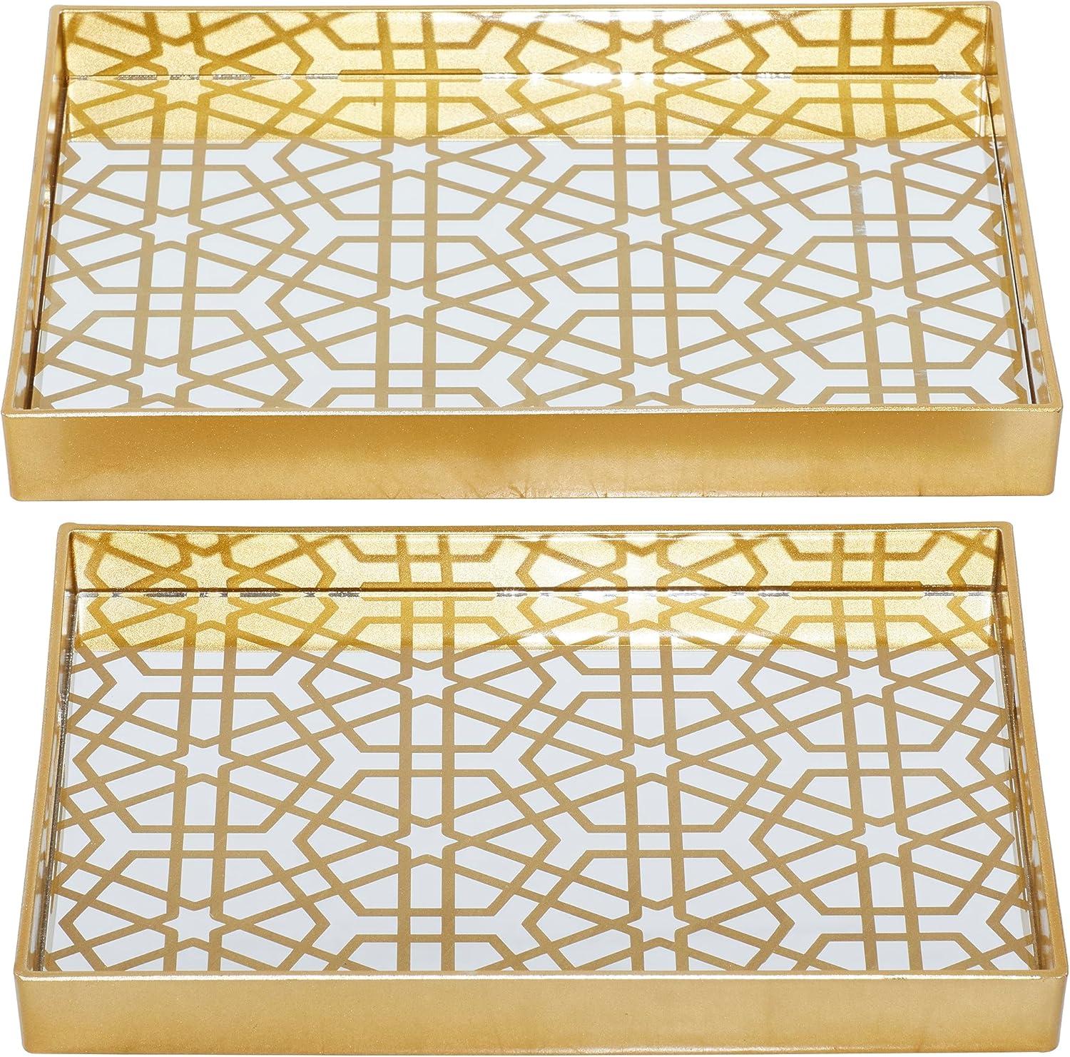 Gold Geometric Mirrored Glass Tray Set, 14" and 16"