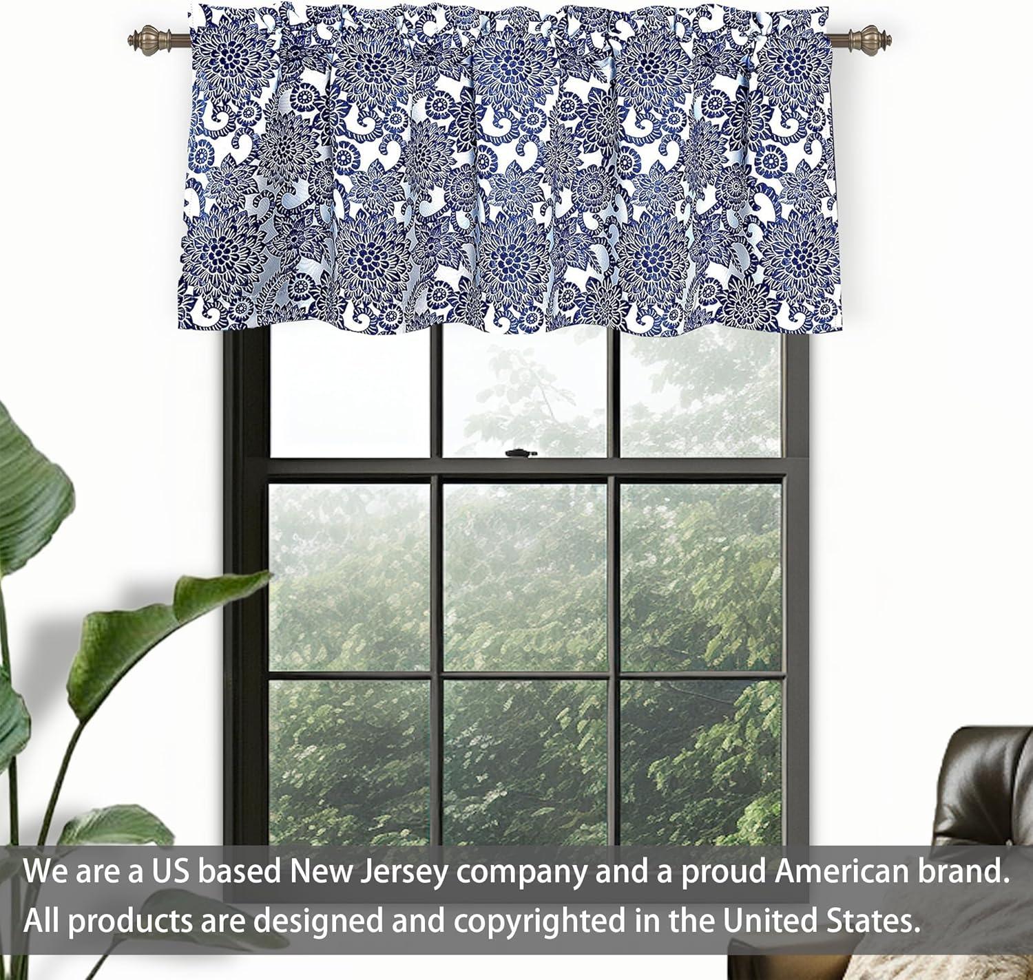 DriftAway Daisy Dahlia Blooming Flower/Floral Lined Thermal Insulated Energy Saving Window Curtain Valance for Living Room/Bedroom/Kitchen, 2 Layers, Rod Pocket, 52"x18"+2’’Header (Navy)