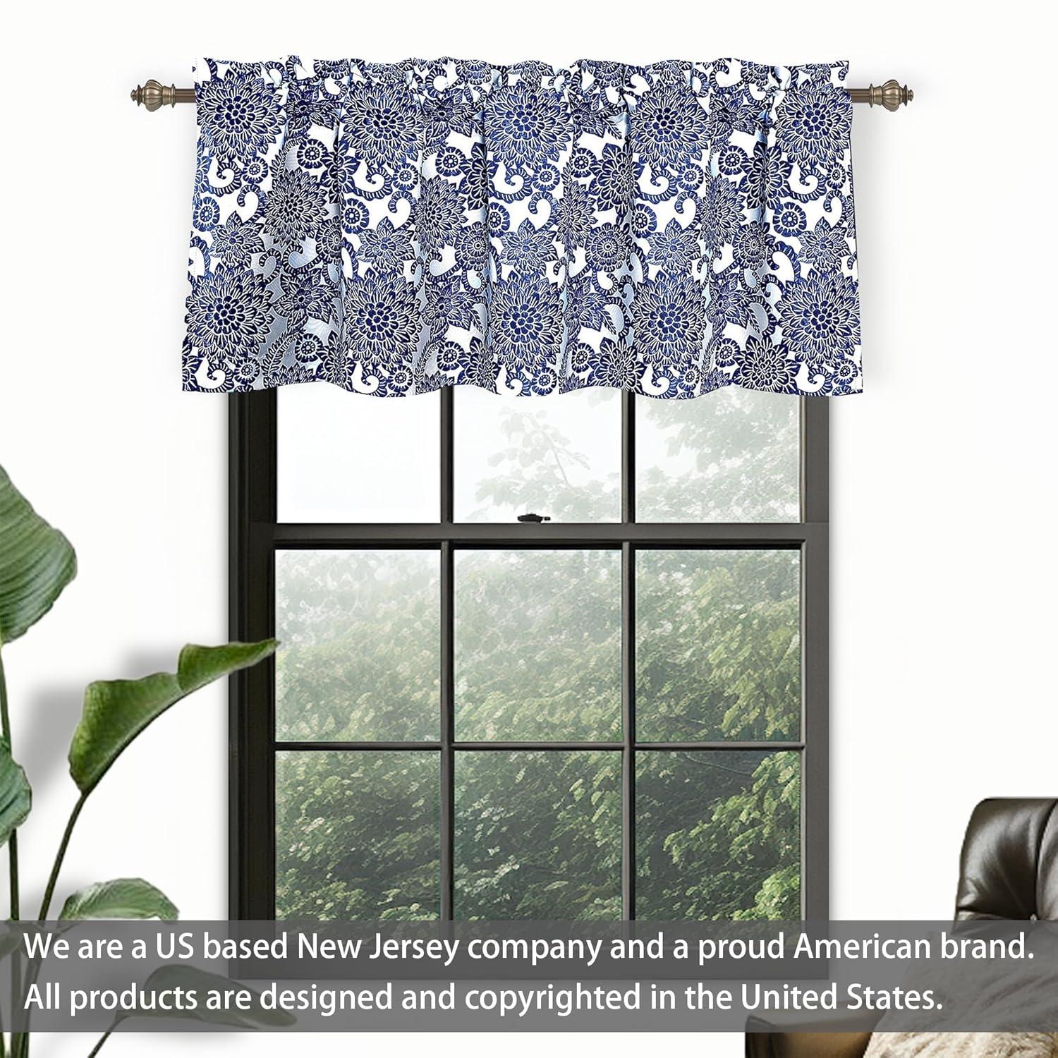 DriftAway Daisy Dahlia Blooming Flower/Floral Lined Thermal Insulated Energy Saving Window Curtain Valance for Living Room/Bedroom/Kitchen, 2 Layers, Rod Pocket, 52"x18"+2’’Header (Navy)