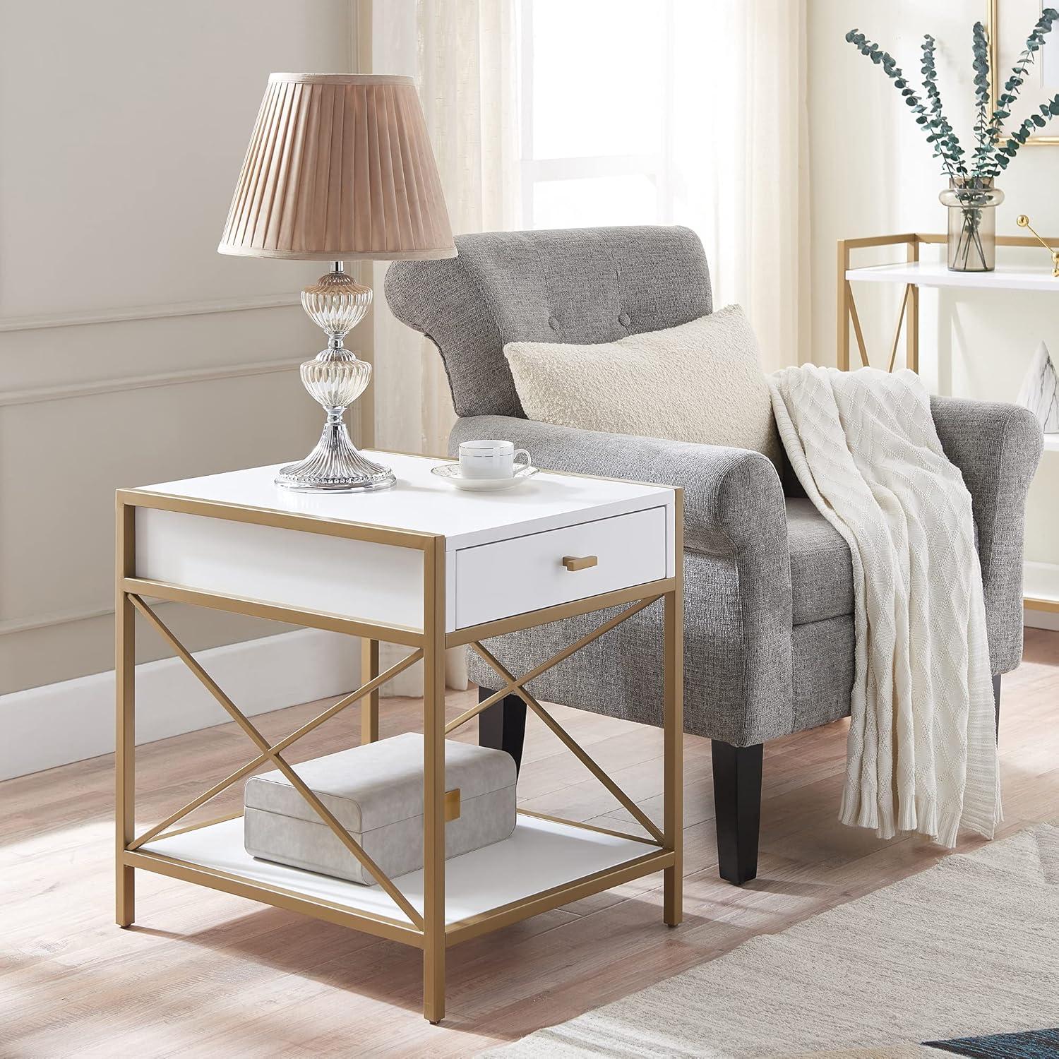 Leick Home 9206-WTGL Claudette Mixed Metal and Wood Drawer End Table, White/Gold