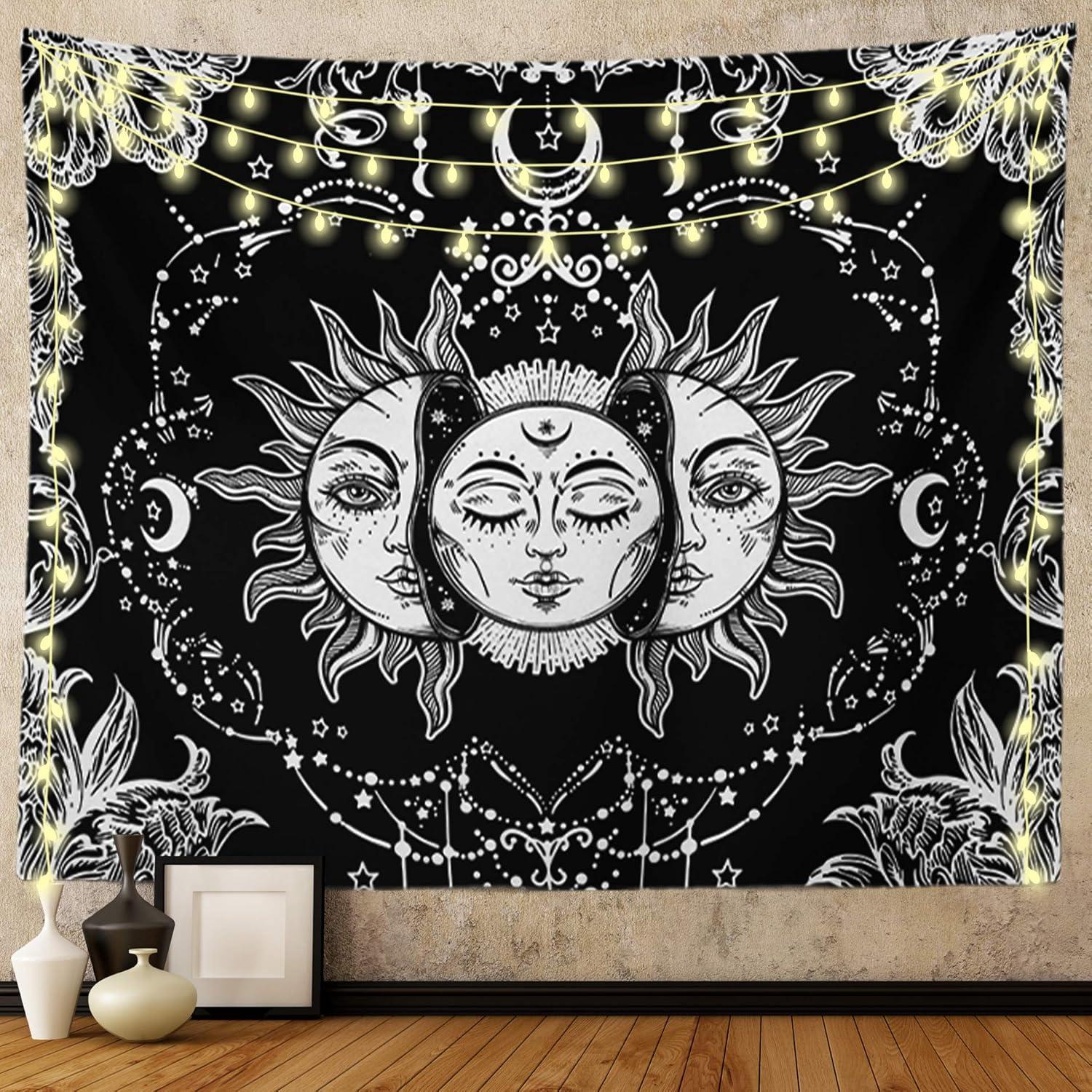Ftuency Sun and Moon Tapestry, Black and White Tapestries Mystic Burning Sun with Star Wall Hanging decor for Bedroom (59" W x 51" L)