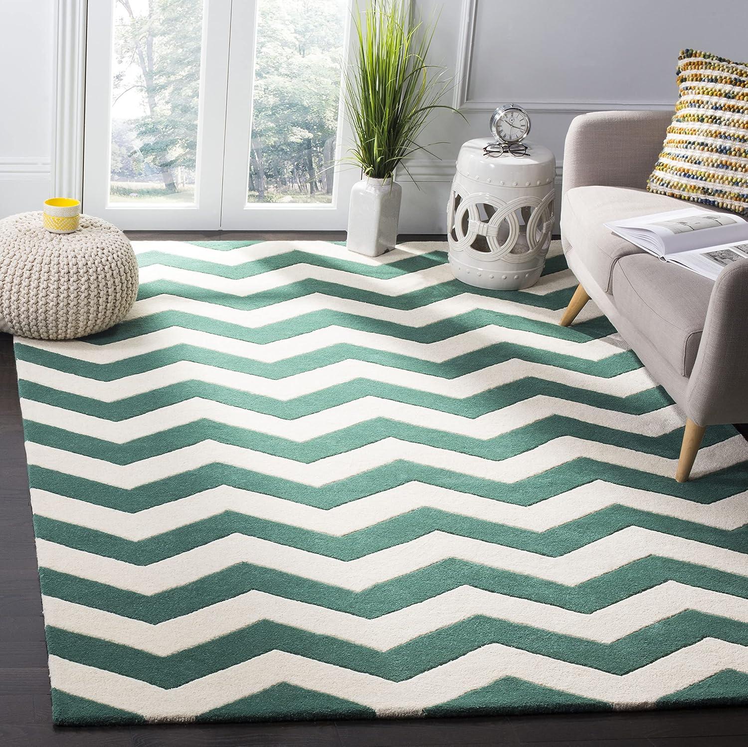 SAFAVIEH Chatham Jake Zigzag Stripes Wool Area Rug, Teal/Ivory, 8' x 10'