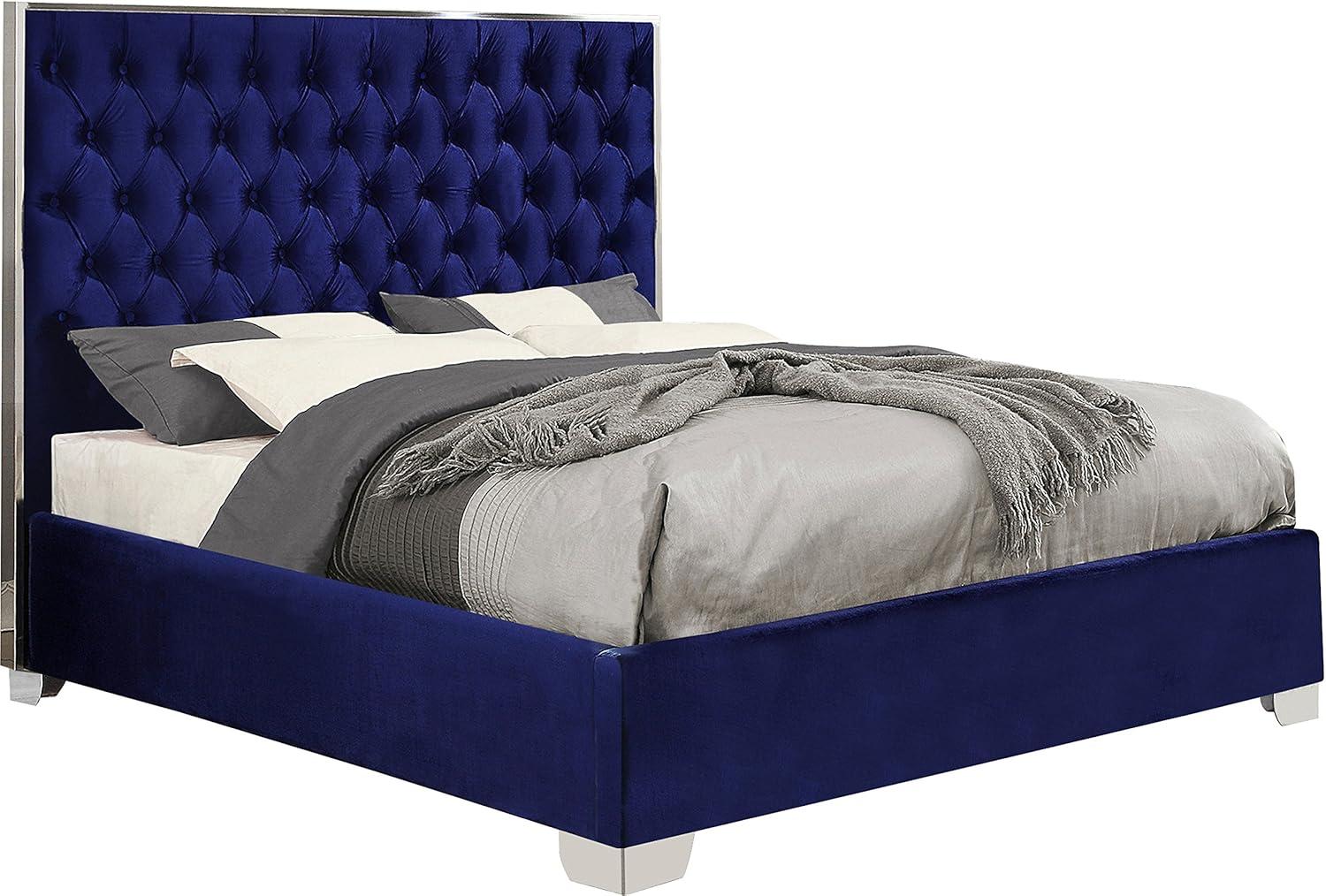 Meridian Furniture Lexi Collection Modern | Contemporary Velvet Upholstered Bed with Deep Tufting, Polished Chrome Stainless Steel Frame and Legs, Queen, Navy