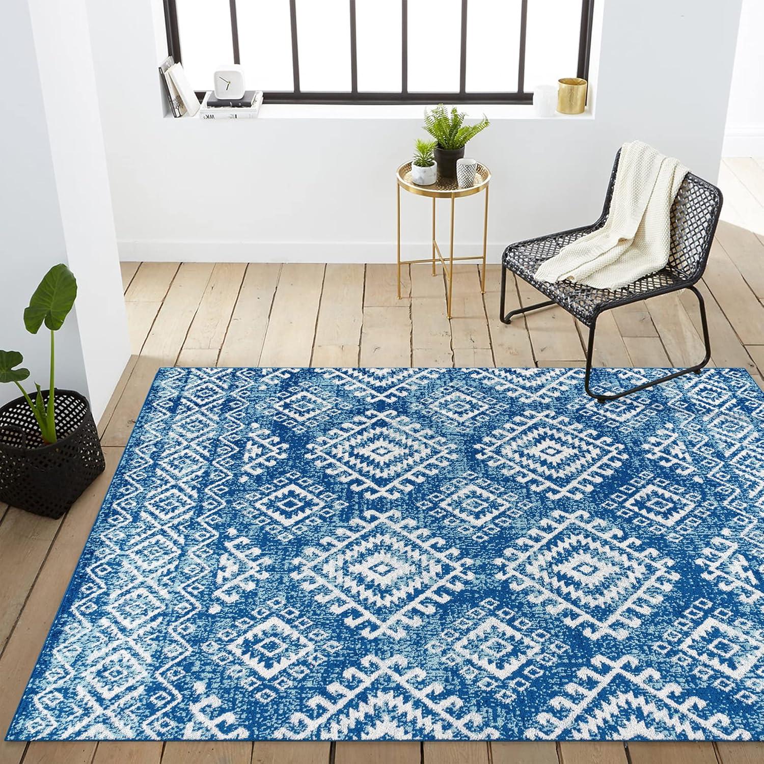 Blue and White 4' x 6' Synthetic Moroccan Area Rug