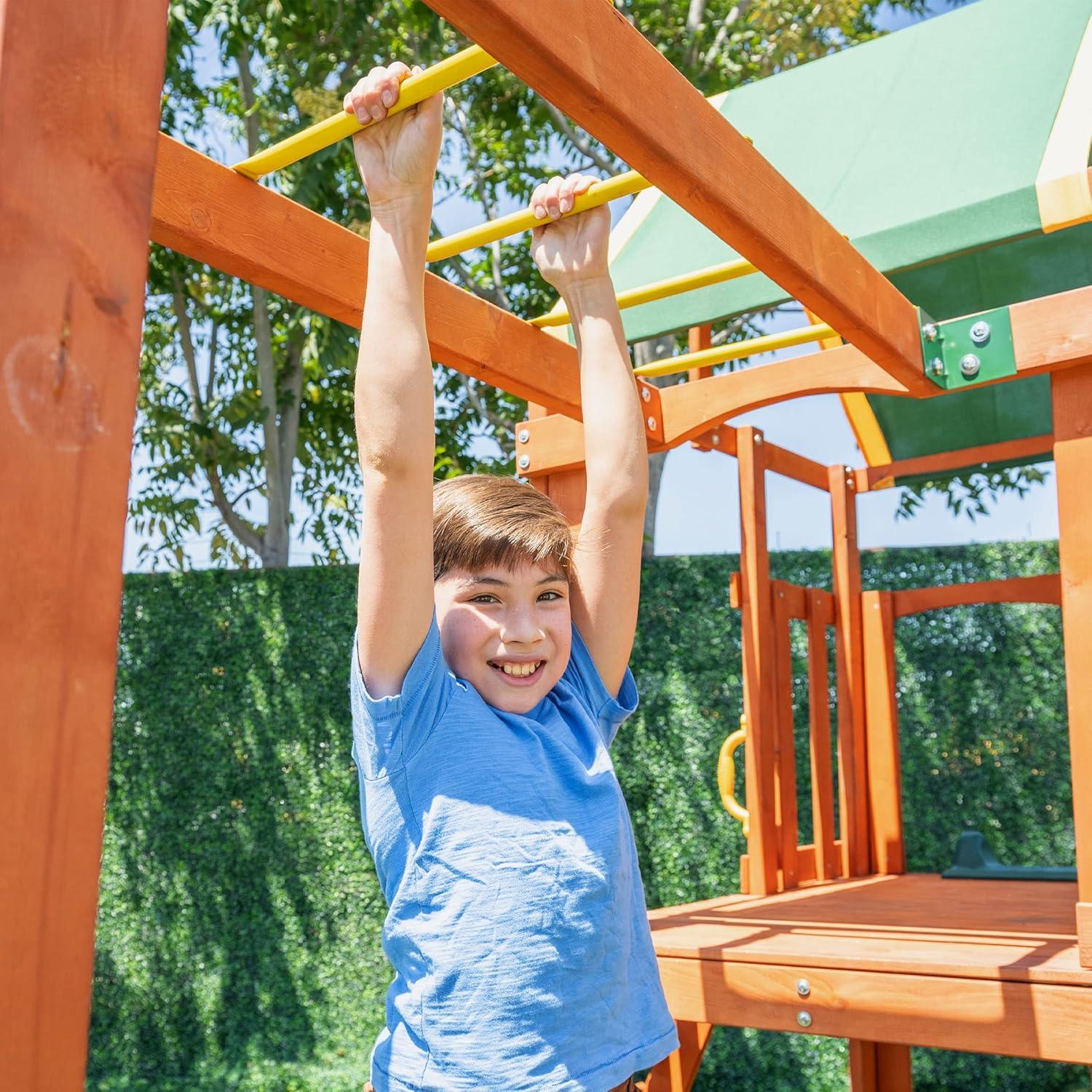 Olympia Natural Wood Swing Set with Green Slide and Fort