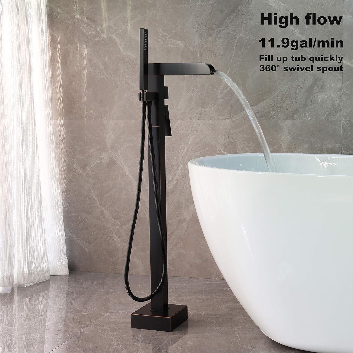 Single-Handle Floor Mount Freestanding Tub Faucet Waterfall Tub Filler with Handheld Shower in Oil Rubbed Bronze