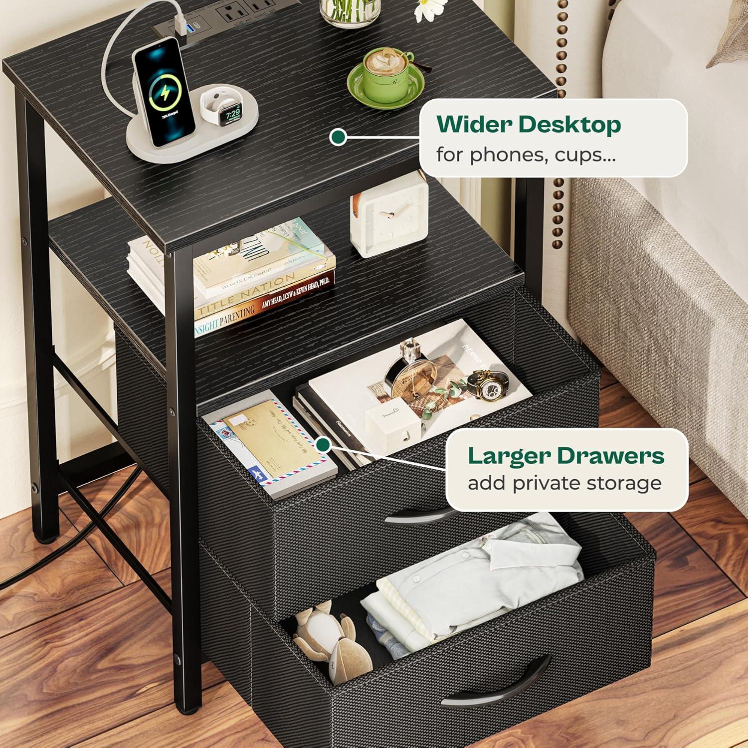 LED Nightstand with Charging Station, Side Table with USB Ports and Outlets, End Table for Small Spaces, Black Bedside Tables with Fabric-Wood 2-in-1 Drawer for Bedroom, Living Room, Office