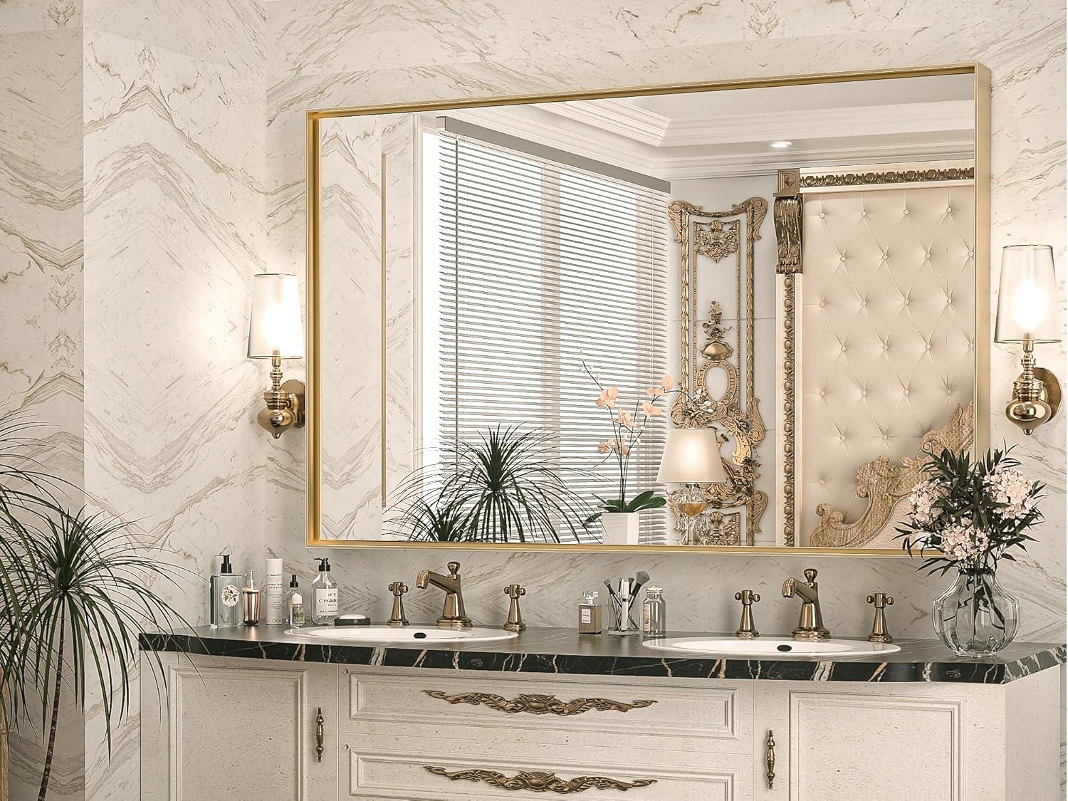 Keonjinn  Modern Metal Framed Bathroom Vanity Wall Mounted Mirror. 48x30 - Gold