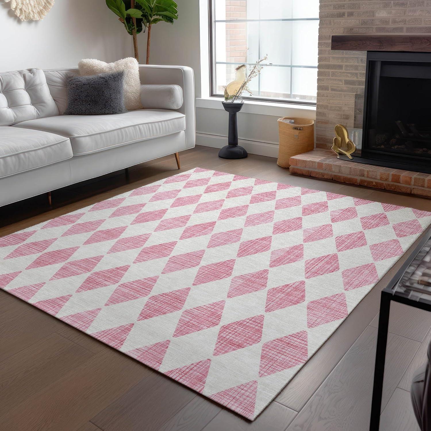 Pink Diamond Pattern Washable Indoor Outdoor Rug