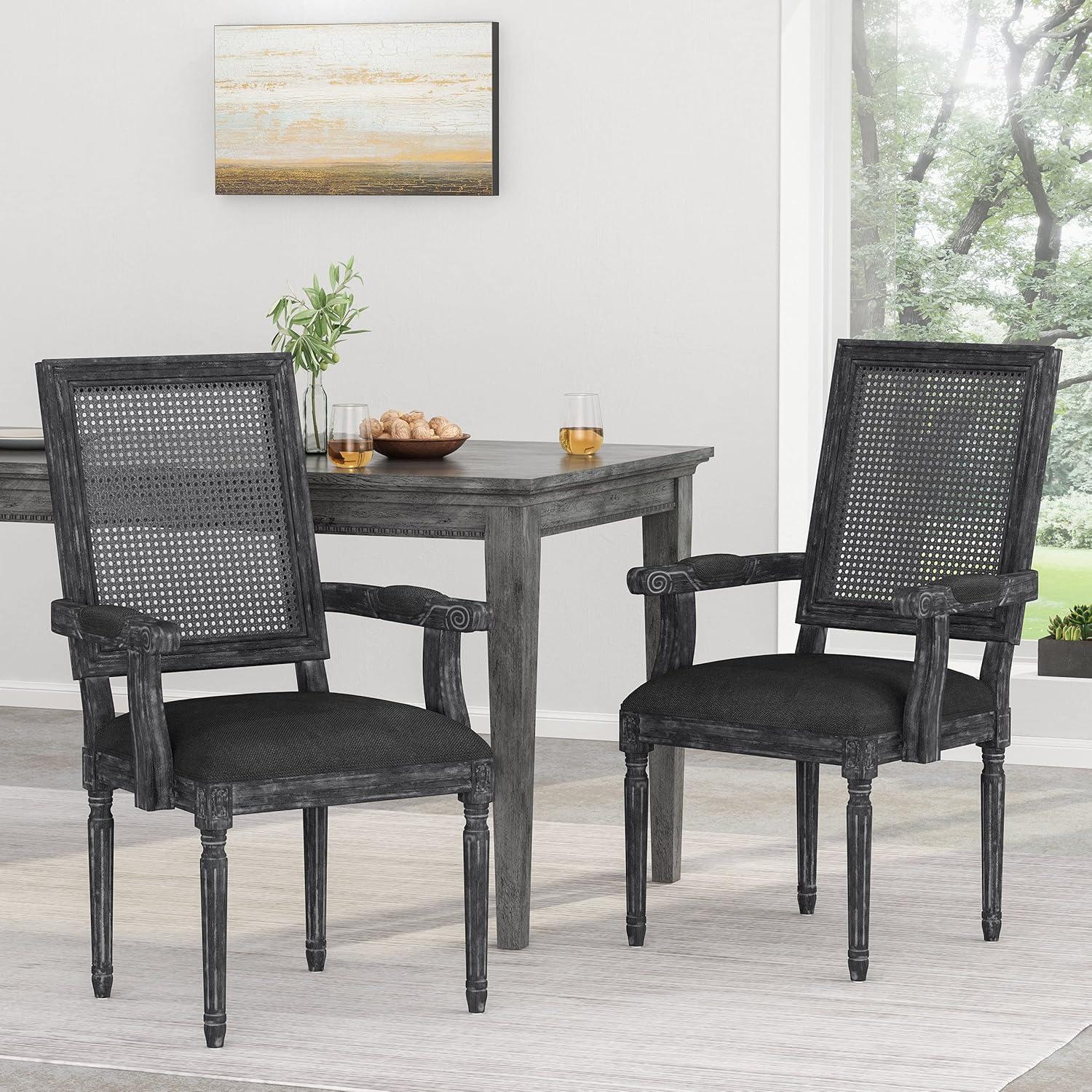 Set of 2 Maria French Country Wood & Cane Dining Chairs with Arms Beige - Christopher Knight Home