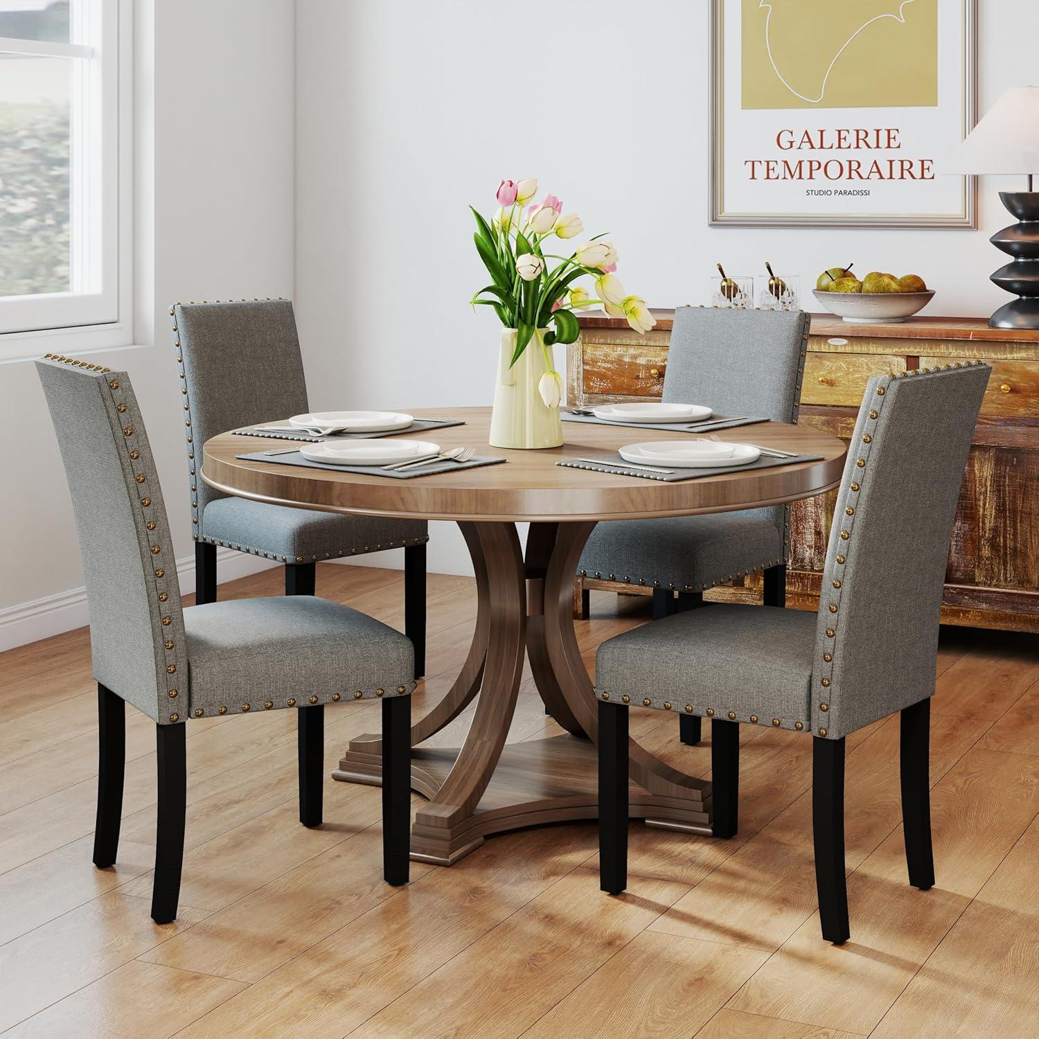 Upholstered Dining Chairs Set pf 2 Studded Parson Chairs with Nailheads and Sturdy Wooden Legs, Grey