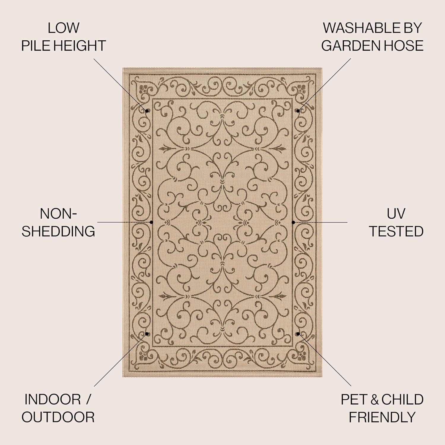 9' X 12' Charleston Vintage Filigree Textured Weave Indoor/Outdoor Area Rug, Beige/Brown - JONATHAN Y