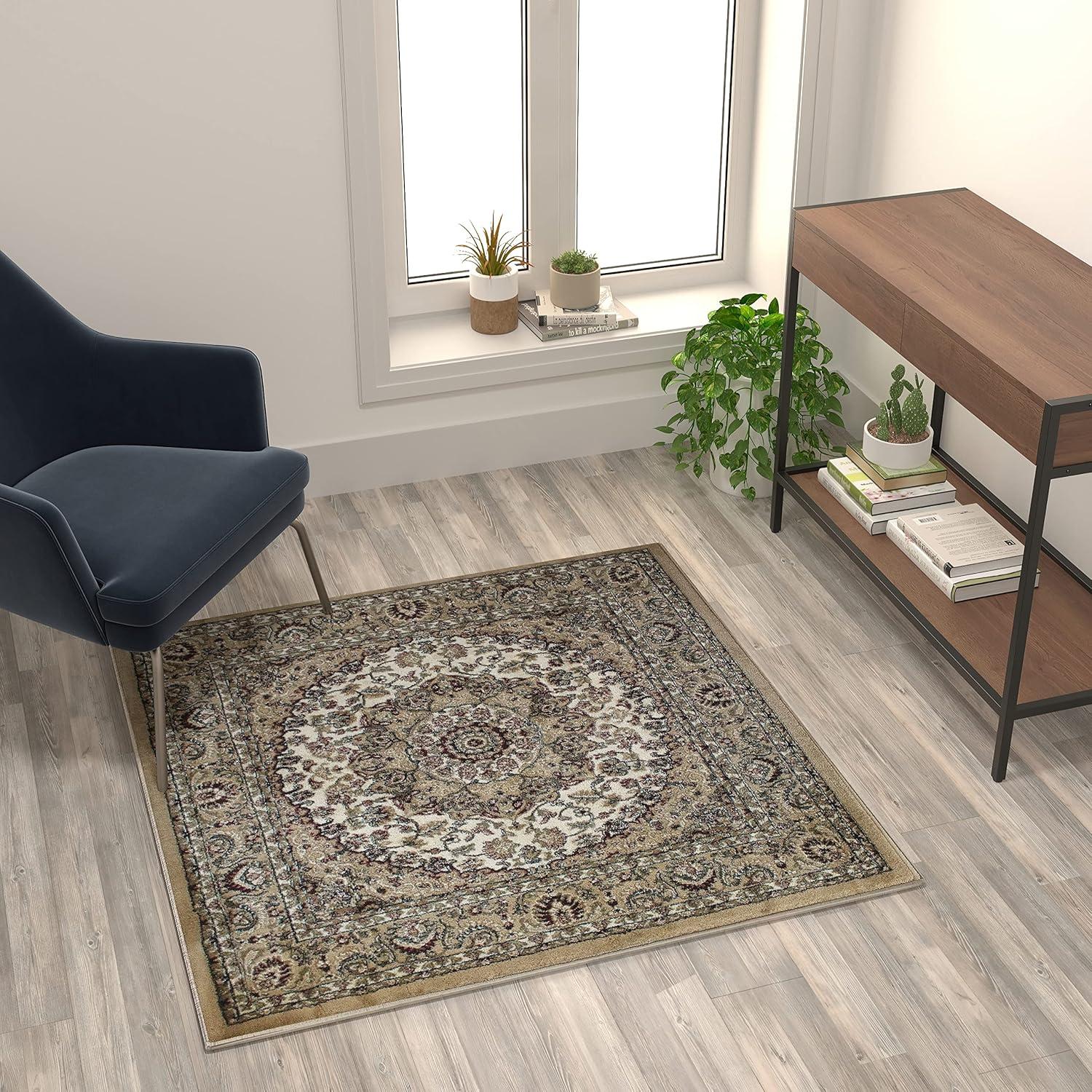 Flash Furniture Mersin Collection Square Traditional Black, Burgundy, Green, Beige, Ivory Area Rug, 4' x 4'