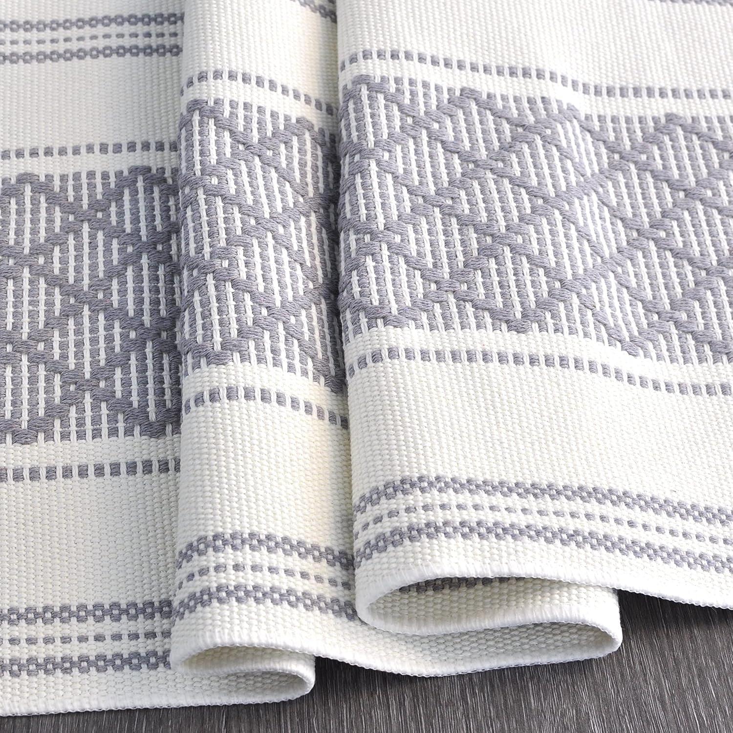 Gray and Cream Linen Table Runner with Tassels