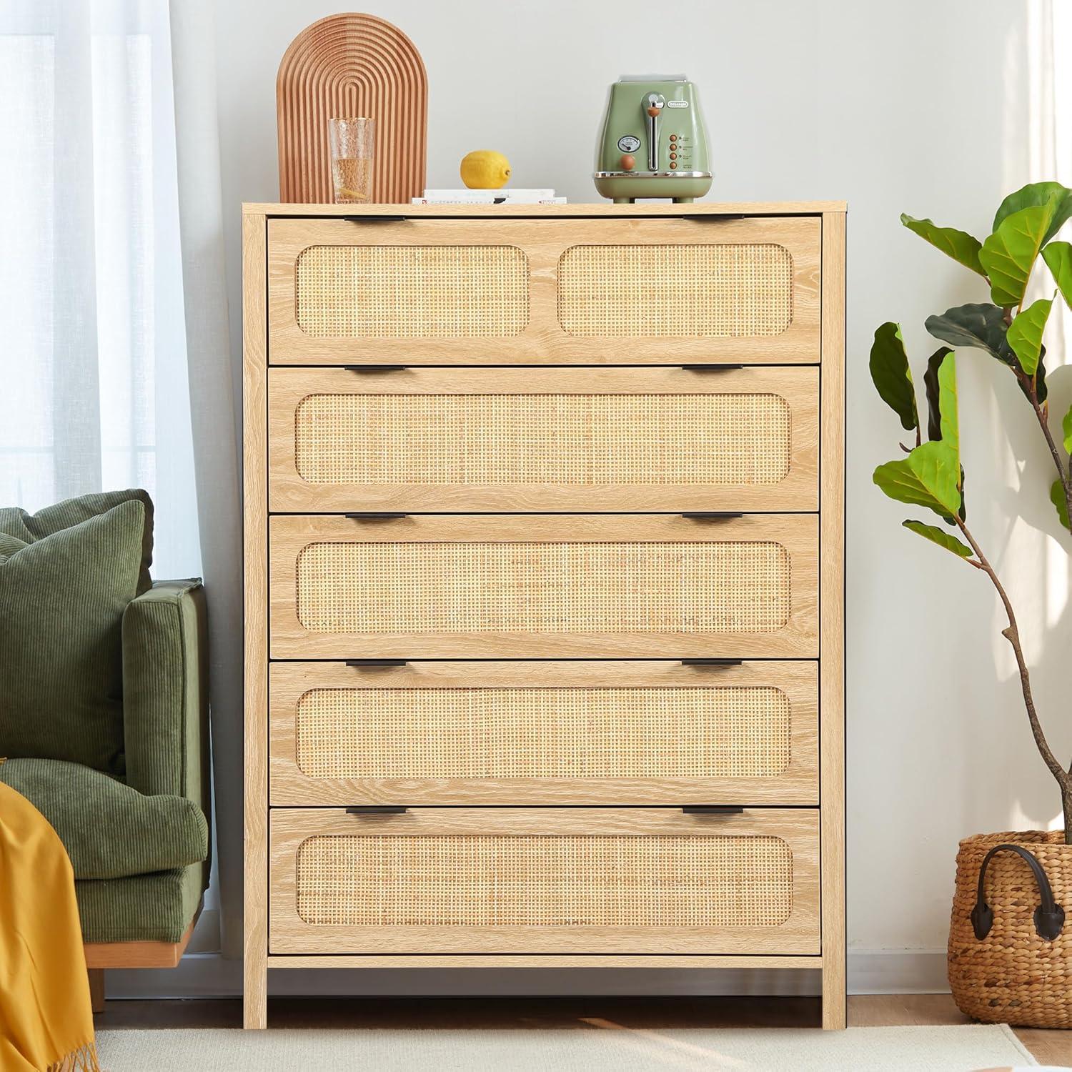 Natural Wood and Rattan 5-Drawer Storage Cabinet