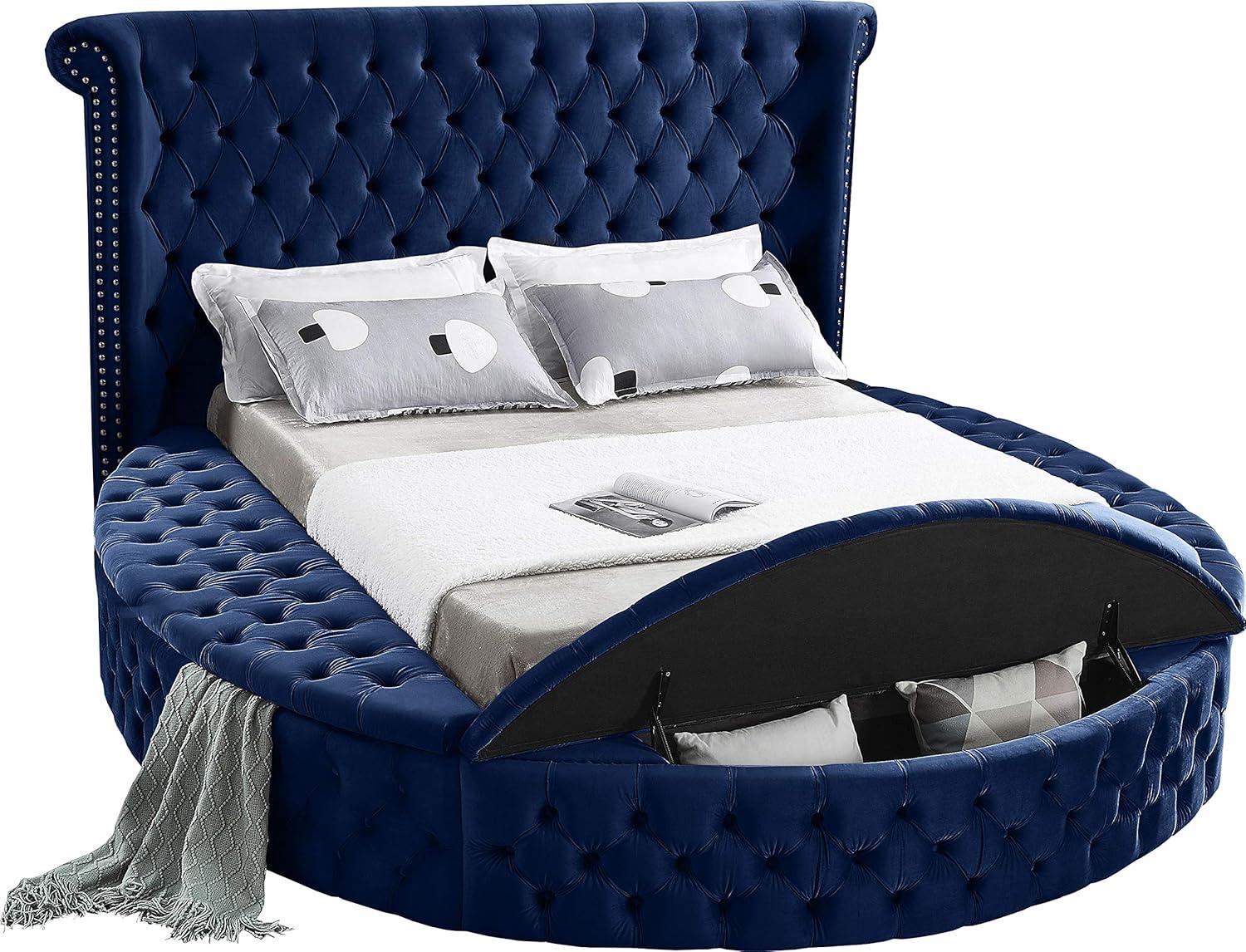 Luxus Navy Velvet Queen Bed with Tufted Upholstered Headboard