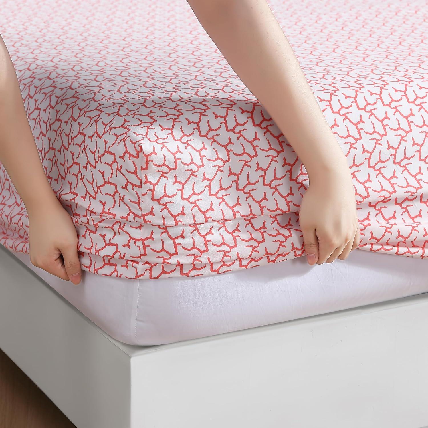 Coastal Print Microfiber Sheet Set, Full, Burnt Coral