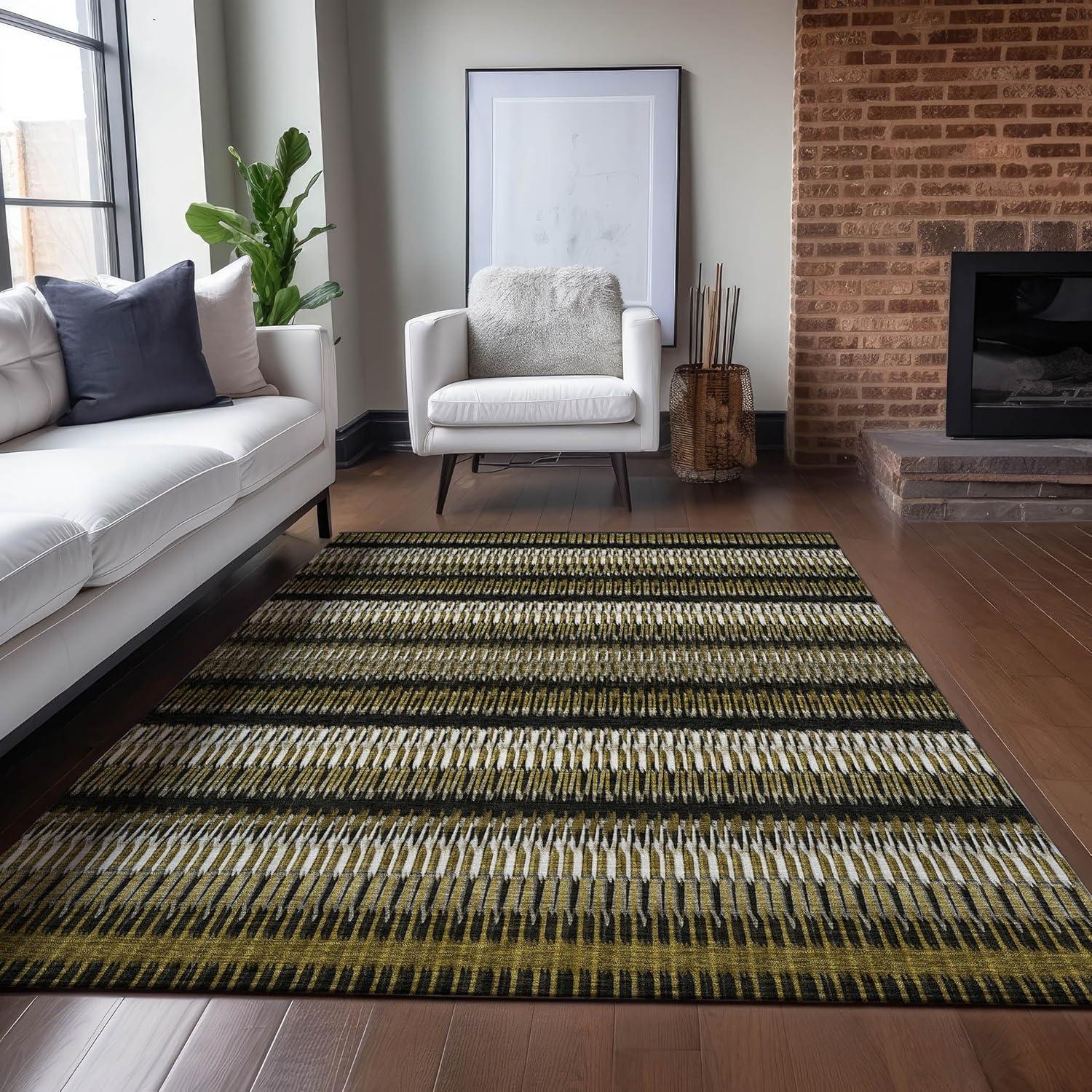 Brown and Black Striped Synthetic Washable 3' x 5' Area Rug