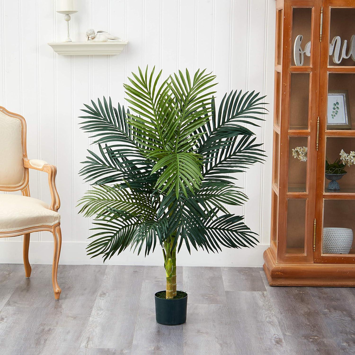 48" Artificial Cane Palm Tree in Pot Black Gold - Nearly Natural: Faux Floral Decor, No Assembly Required