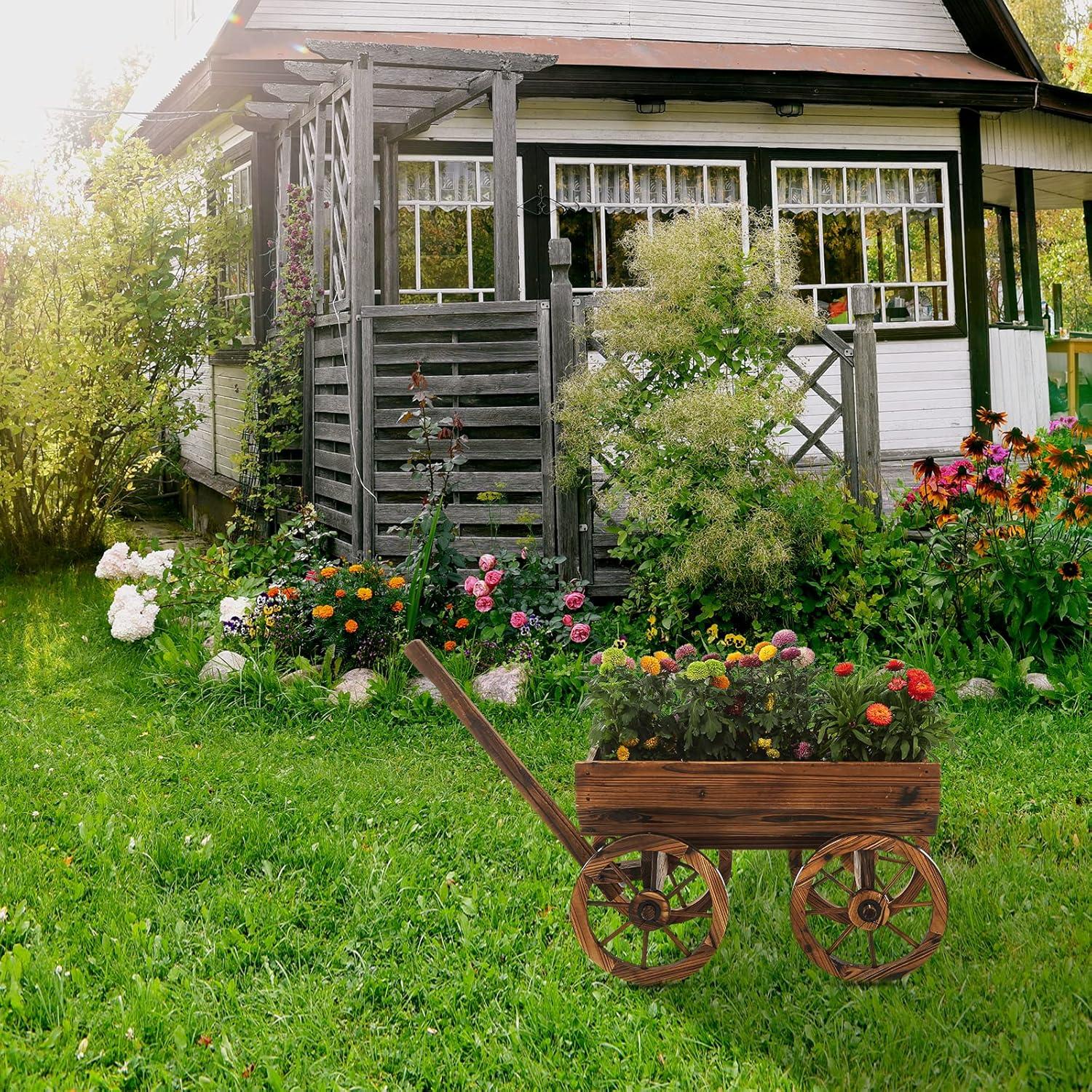 Rustic Cedar Wood Wagon Planter with Wheels for Outdoor Use