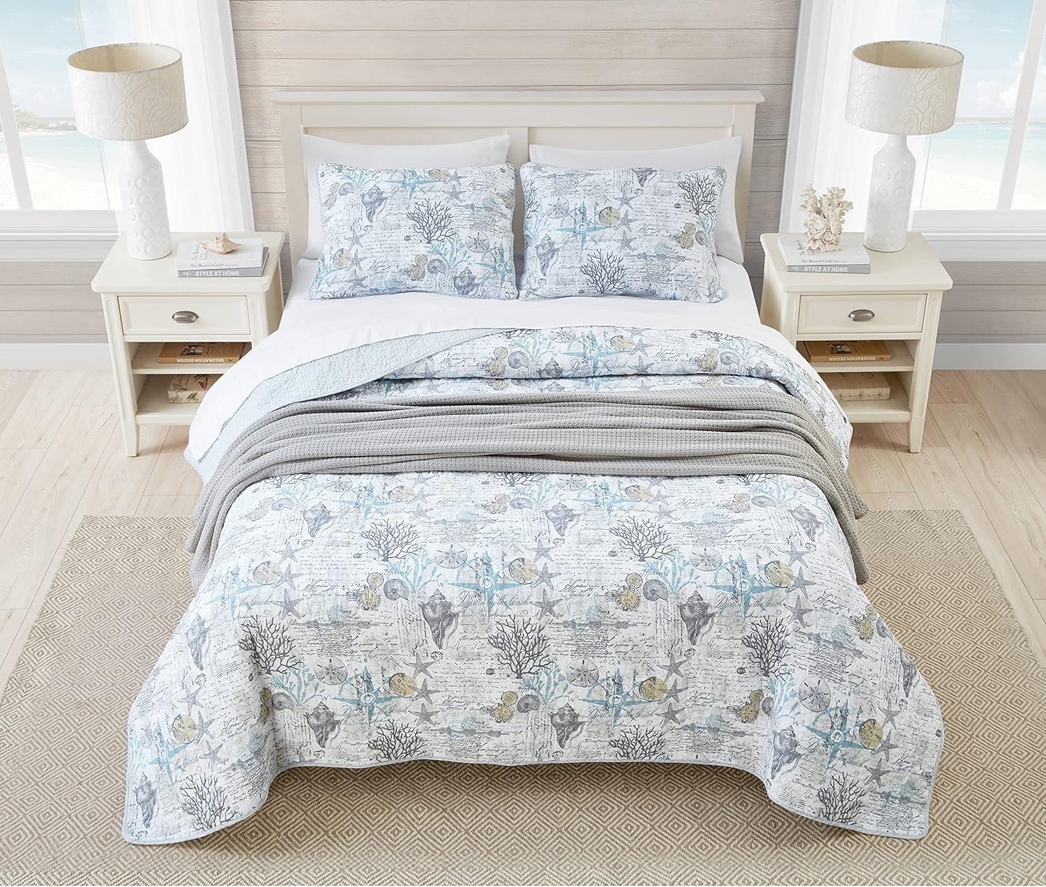 Beach Bliss Grey Reversible Coastal 3 Piece Quilt Set