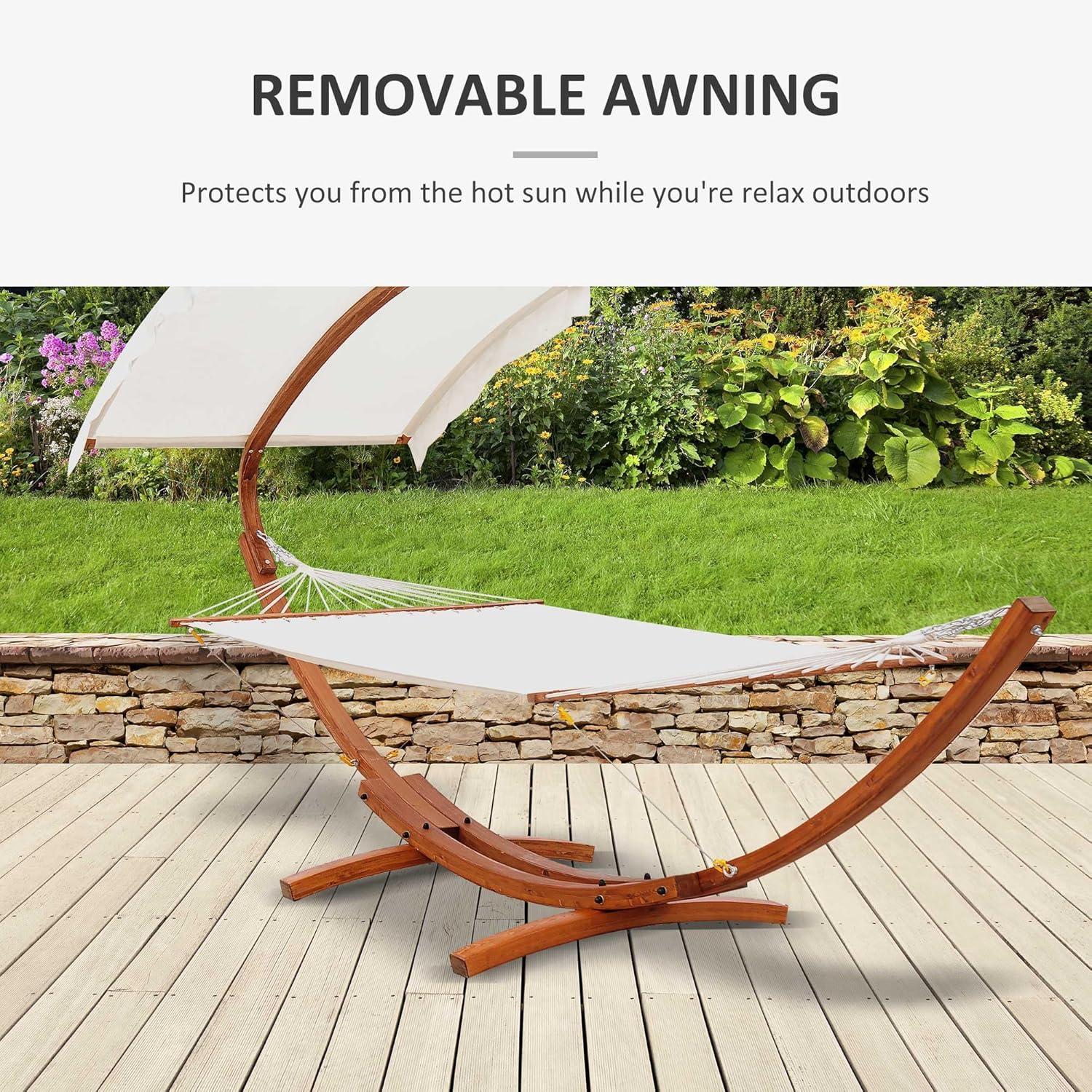 Outsunny Outdoor Hammock with Stand & Accessories, Heavy Duty Wooden Frame, Sun Shade Visor Canopy, Indoor Outside Boho Style Nap Bed, Cotton, White