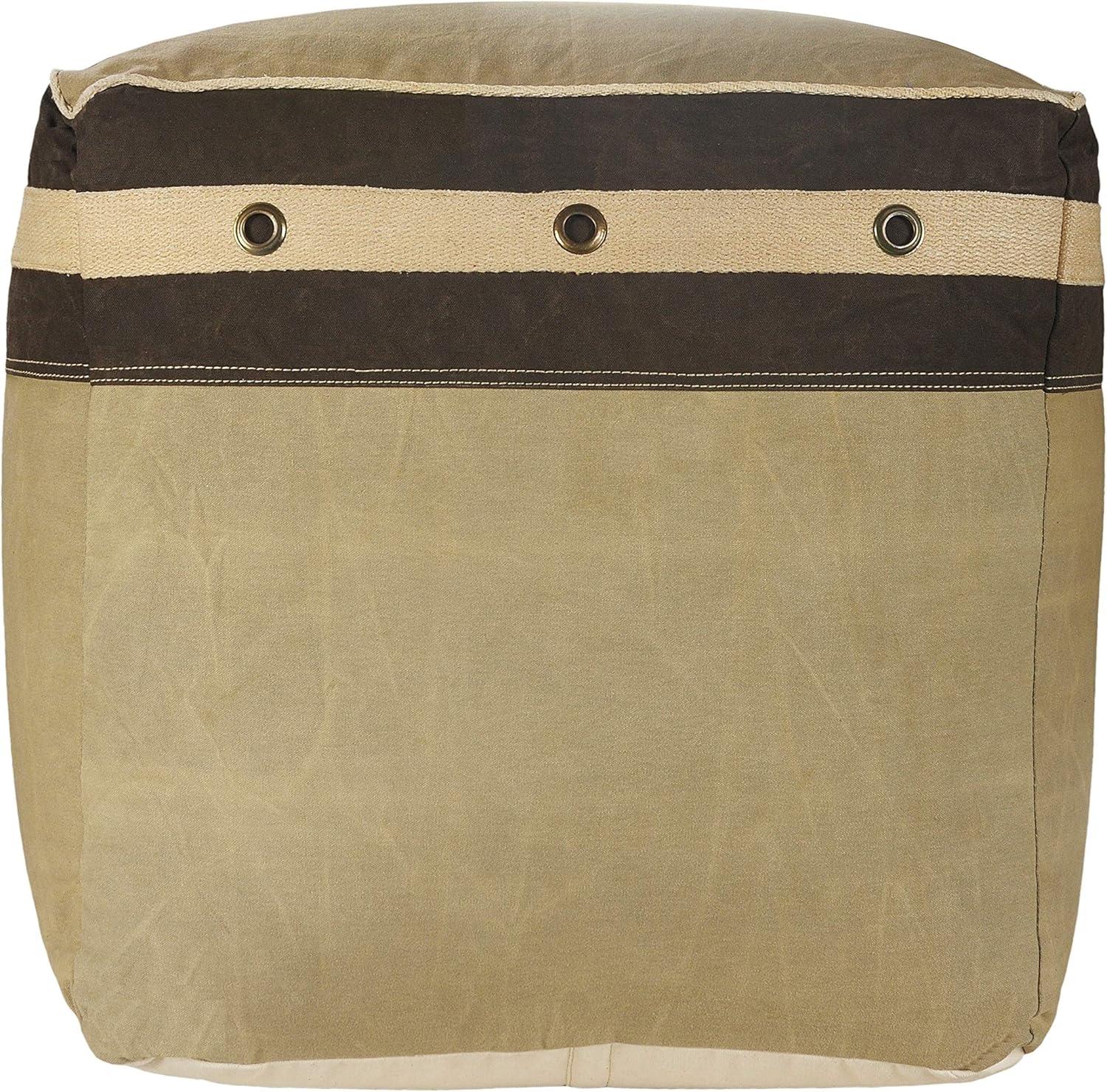 Rustic Farmhouse Striped Border Pouf in Gray/Brown, 20" Cube