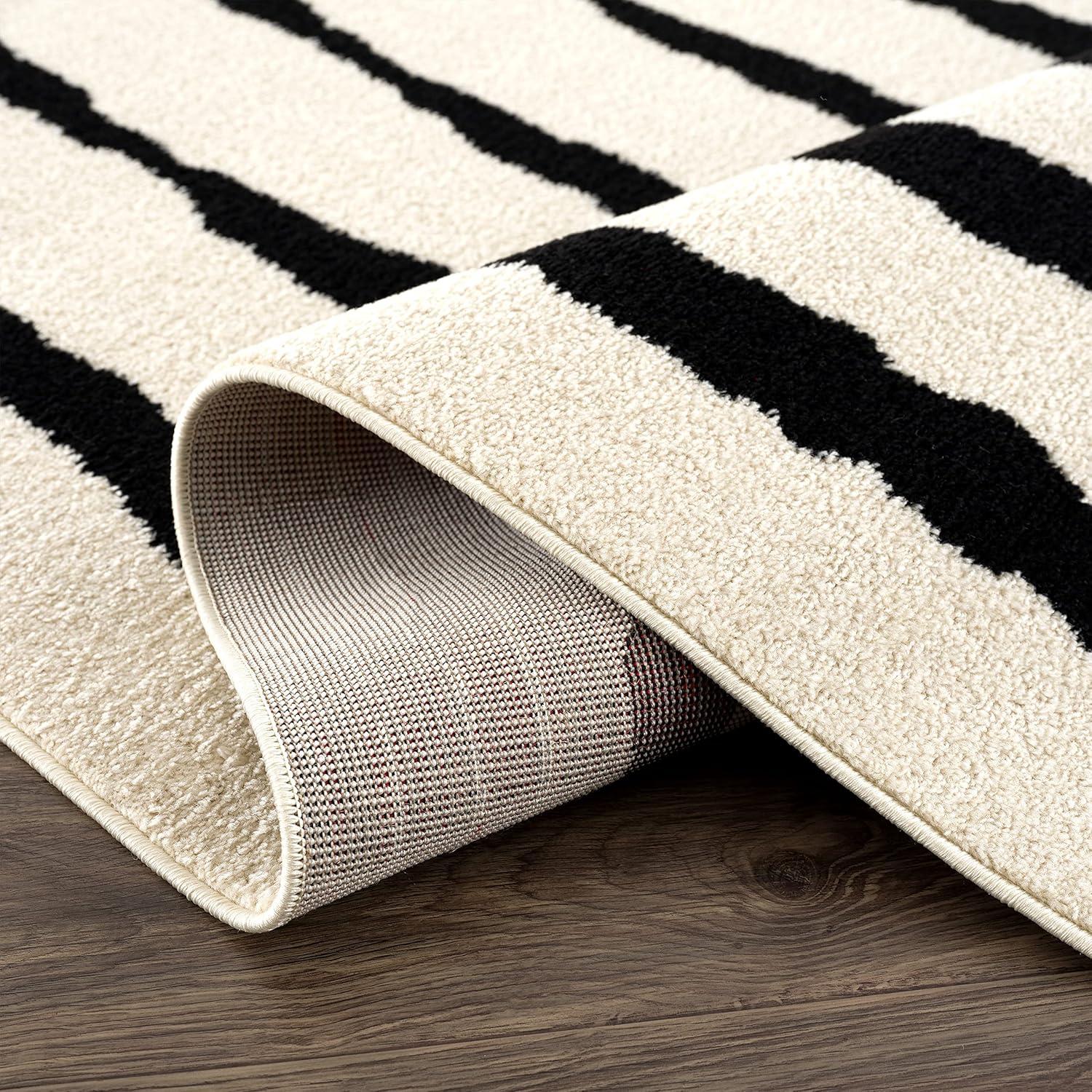 Abani Nordic Collection Thin Vertical Lines 4' x 6' Cream Black Scandinavian Area Rug