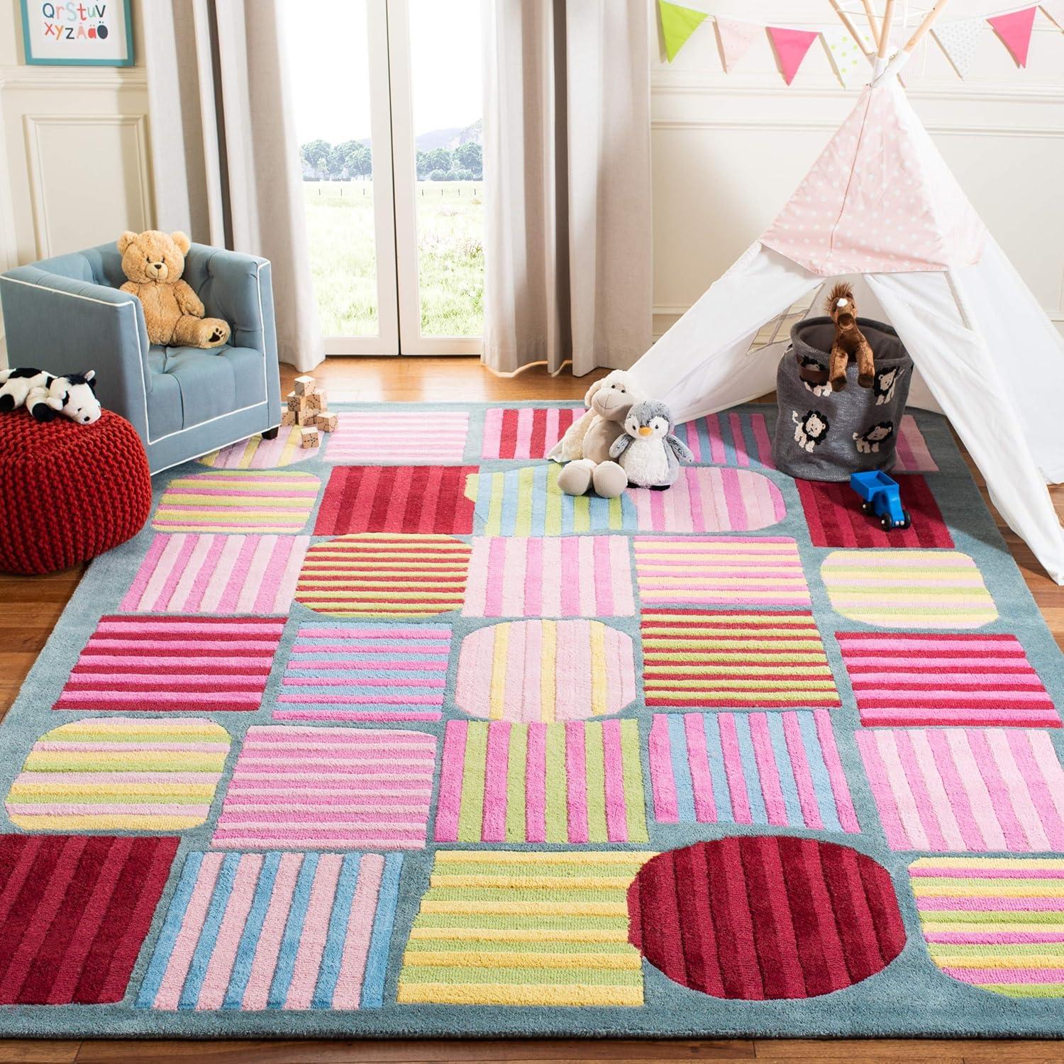 Handmade Tufted Blue and Multi-Color Wool Kids Rug 6' x 9'