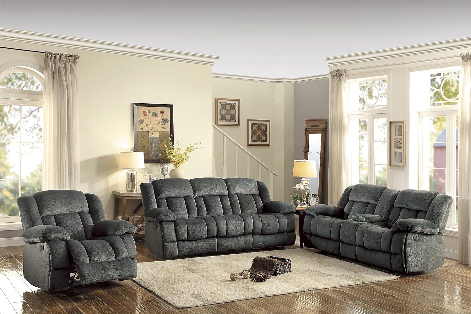 Laurelton Charcoal Microfiber Double Reclining Sofa with Cup Holders