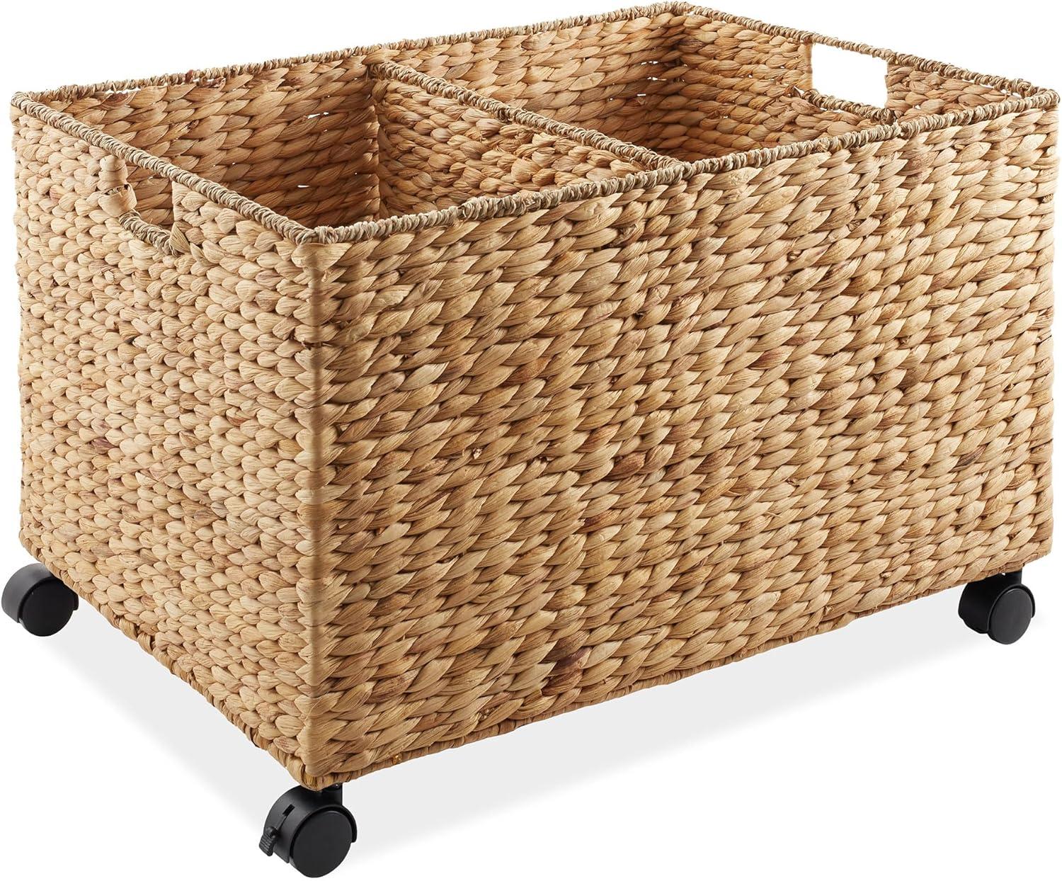 Casafield Rolling Storage Basket Cart with Lid and Wheels - Woven Water Hyacinth Divided Sorting Bin for Kitchen, Laundry, Pantry, Garage