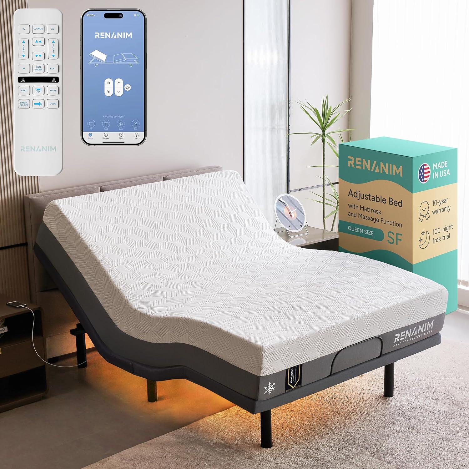Renanim SF Elite Adjustable Bed With 10" Hybrid Mattress Included Massage, Usb, Underbed Light, Wireless Remote & App Control Zero Gravity Bed