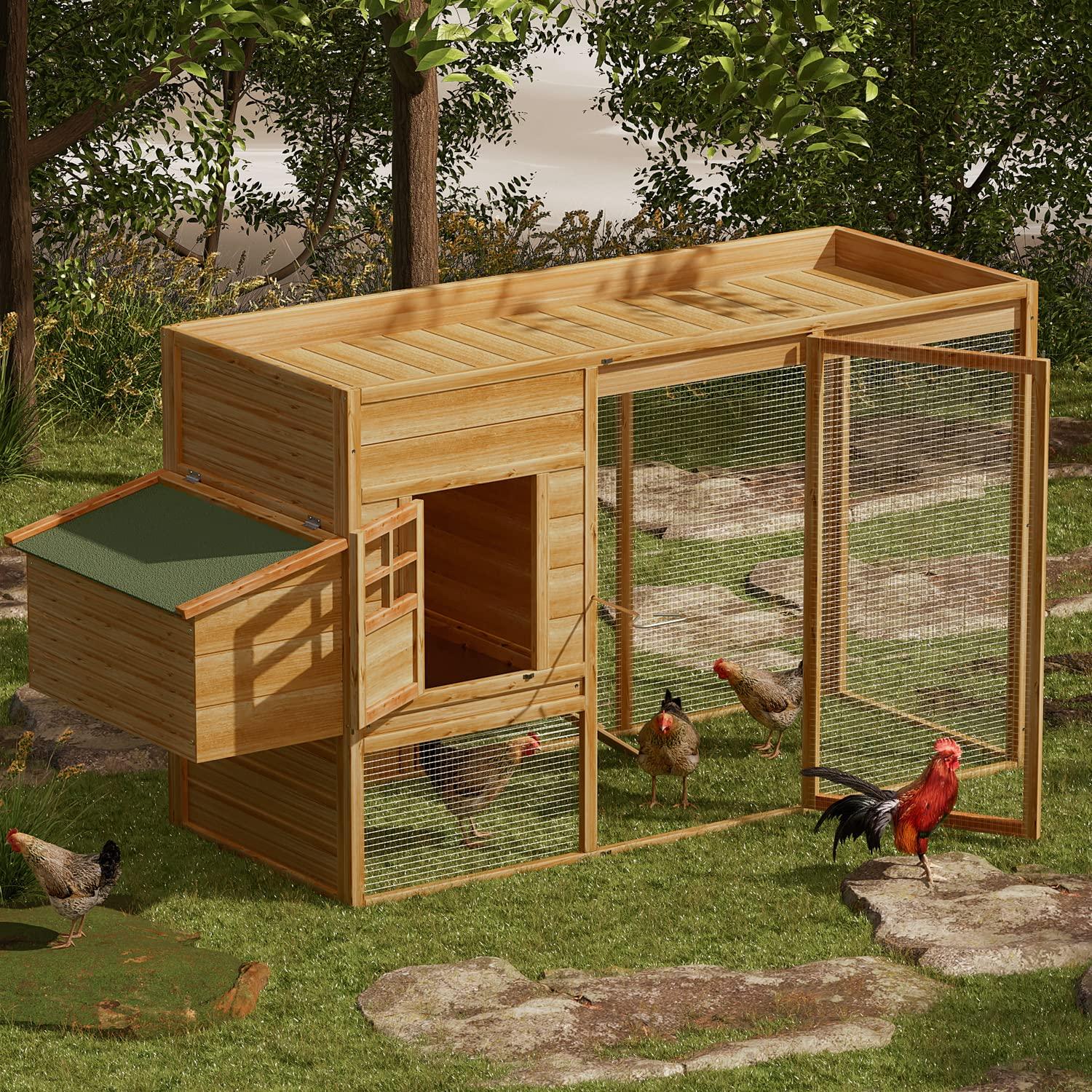 MoNiBloom Outdoor Chicken Coop with Nesting Box, Outdoor Hen Run House with Slide-Out Tray and Sliding Door, Weatherproof Poultry Cage, Rabbit Hutch, Wood Duck House (Natural)