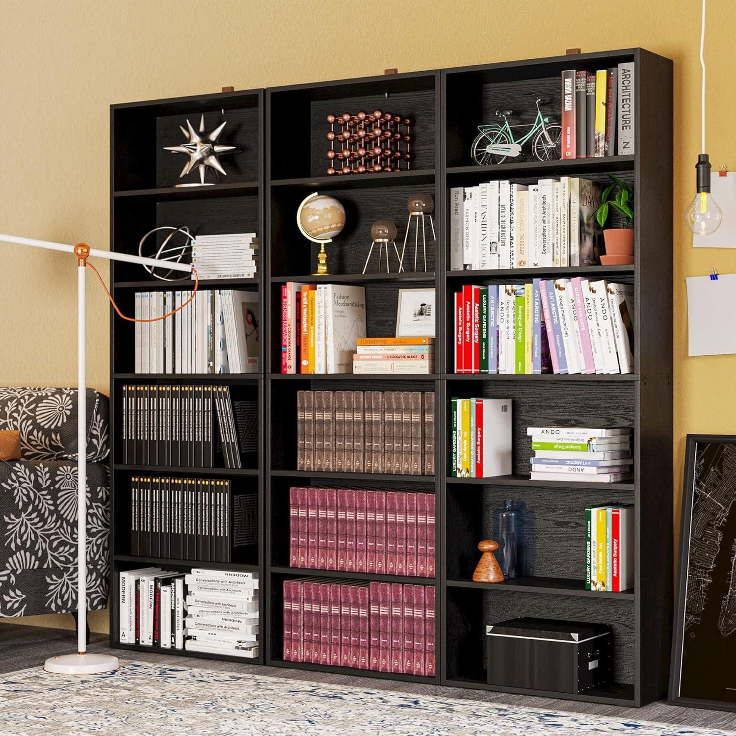 Vintage Black 6-Tier Rectangular MDF Bookcase