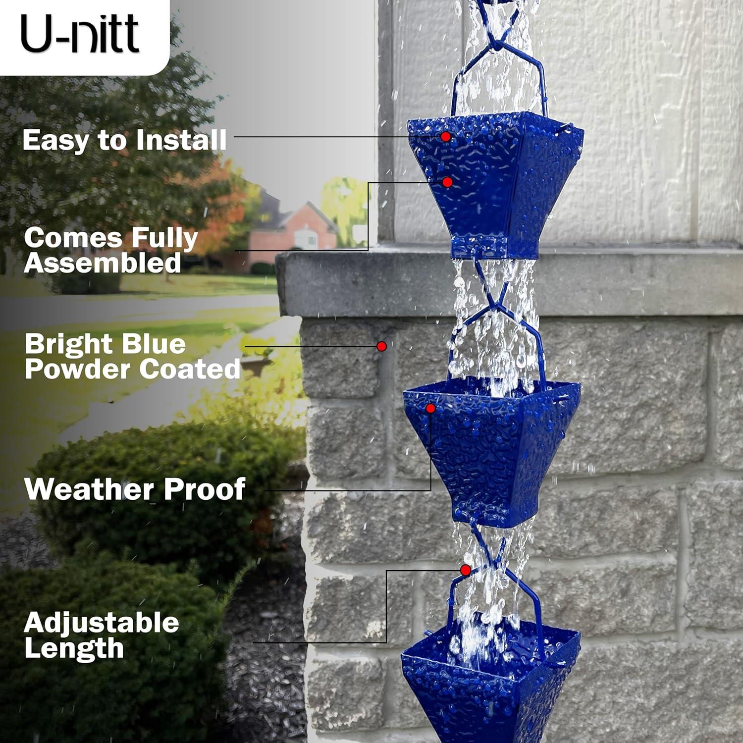 U-nitt Rain Chains, Roof Gutter Downspout Channel, Rainwater Catcher/Diverter, 8.5 FT, Metal, Blue Powder Coated, Texture Square, Modern, 5517BLU