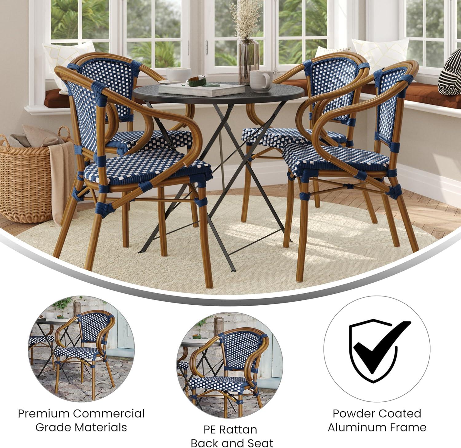 Flash Furniture 4 PK Bordeaux Indoor/Outdoor Commercial Bistro Stacking Chair w/ Arms, Navy & White PE Rattan & Bamboo Print Aluminum Frame in Natural