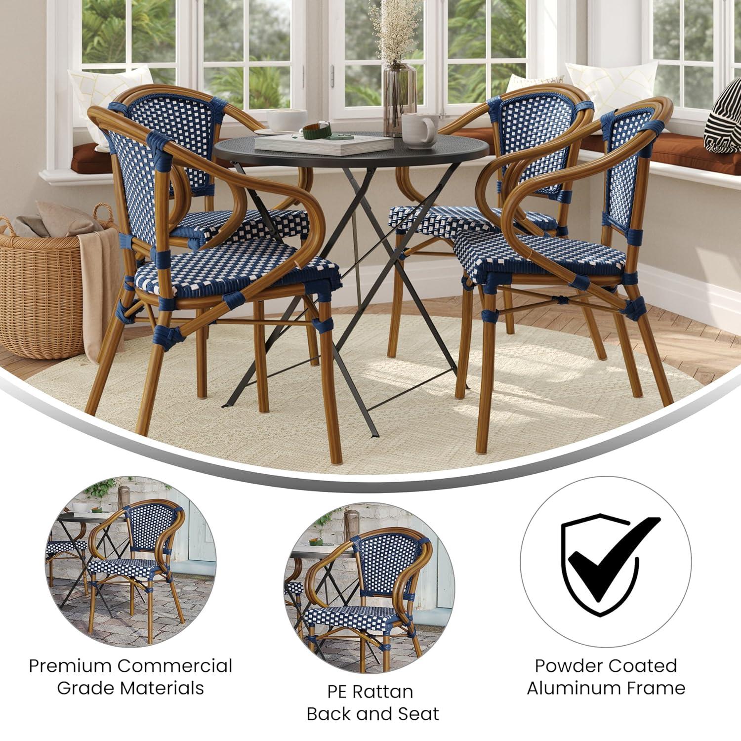 Flash Furniture 4 PK Bordeaux Indoor/Outdoor Commercial Bistro Stacking Chair w/ Arms, Navy & White PE Rattan & Bamboo Print Aluminum Frame in Natural