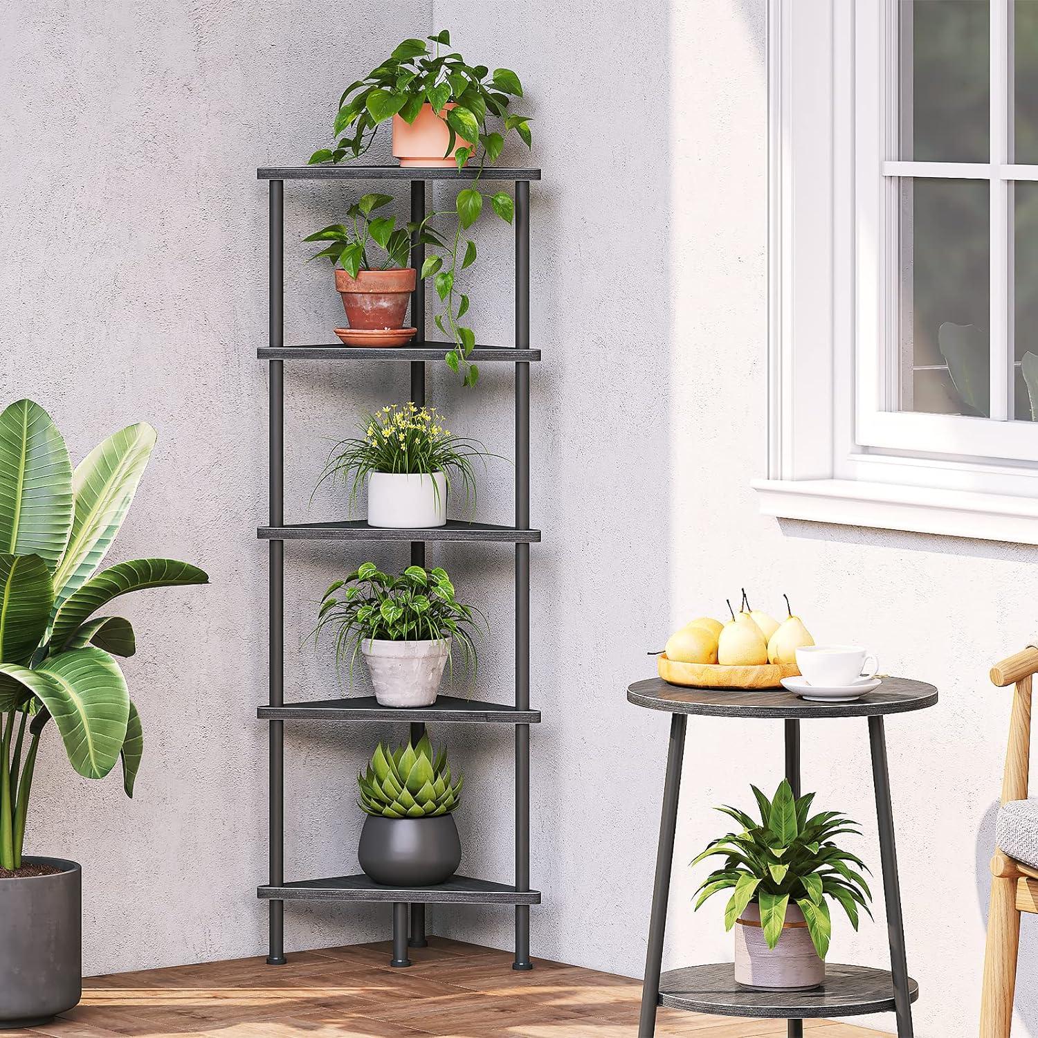 Black 5-Tier Adjustable Corner Bookshelf with Metal Frame