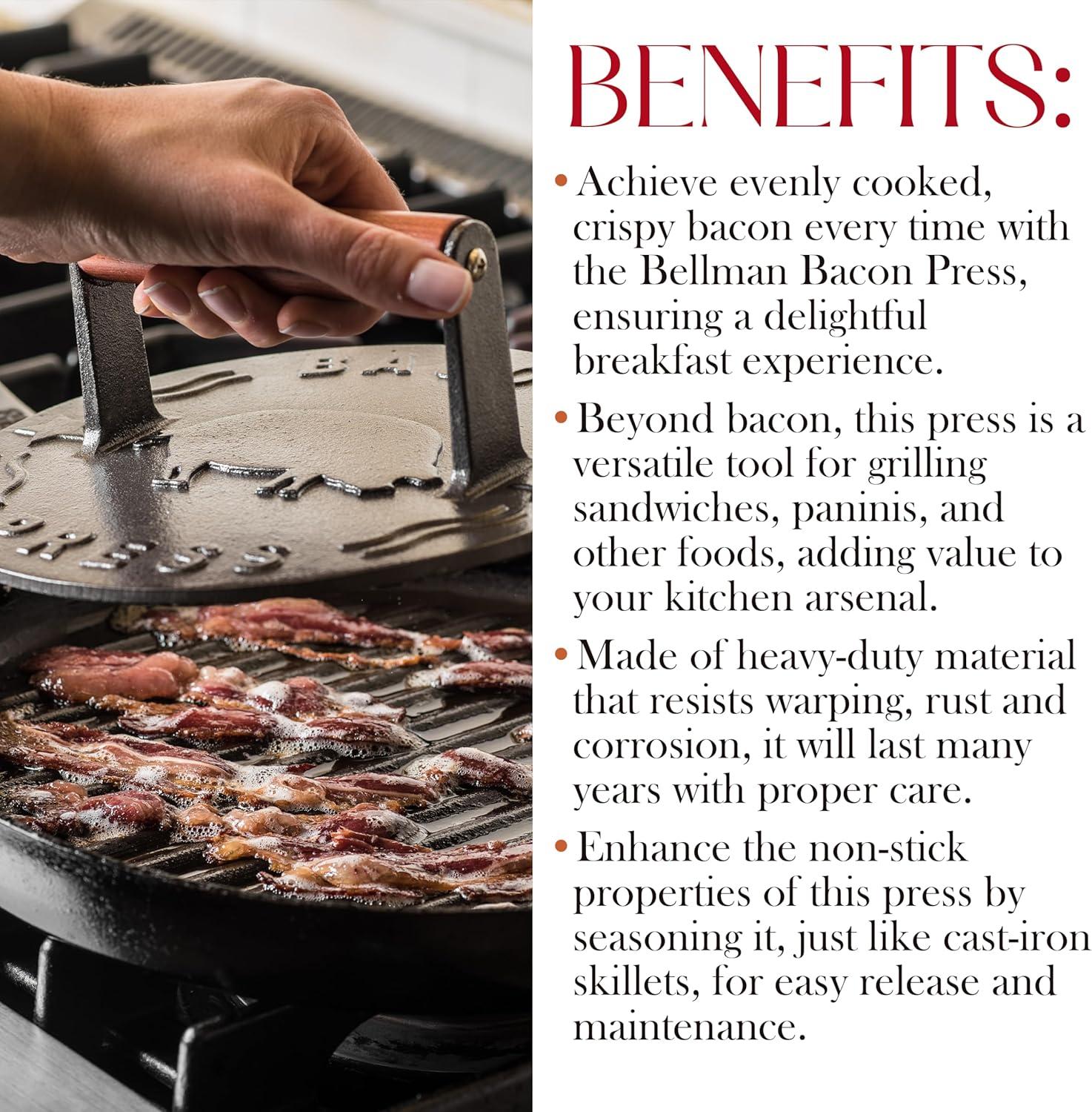 Bellemain 8.5-Inch Cast Iron Bacon Press – Heavy-Duty Grill Press for Perfect Bacon, Steak & More