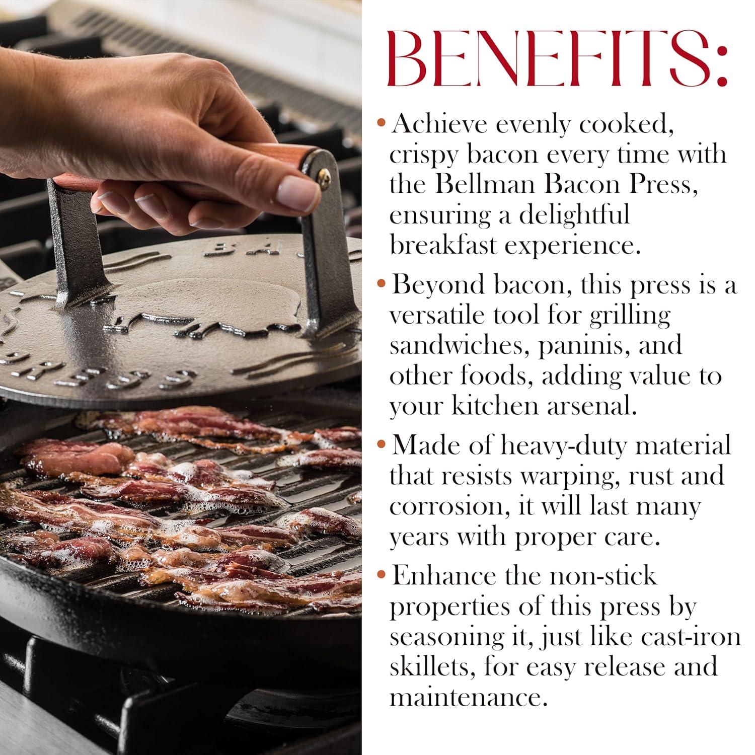 Bellemain 8.5-Inch Cast Iron Bacon Press – Heavy-Duty Grill Press for Perfect Bacon, Steak & More