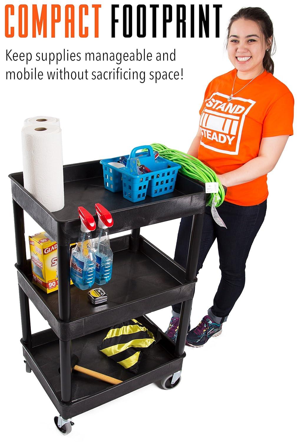 Tubstr Compact 3 Shelf Utility Cart | Heavy Duty Service Cart Supports up to 300 lbs! | Tub Cart with Deep Shelves | Great for Warehouse, Garage, Cleaning & More (3 Shelf/Black / 24 x 18)